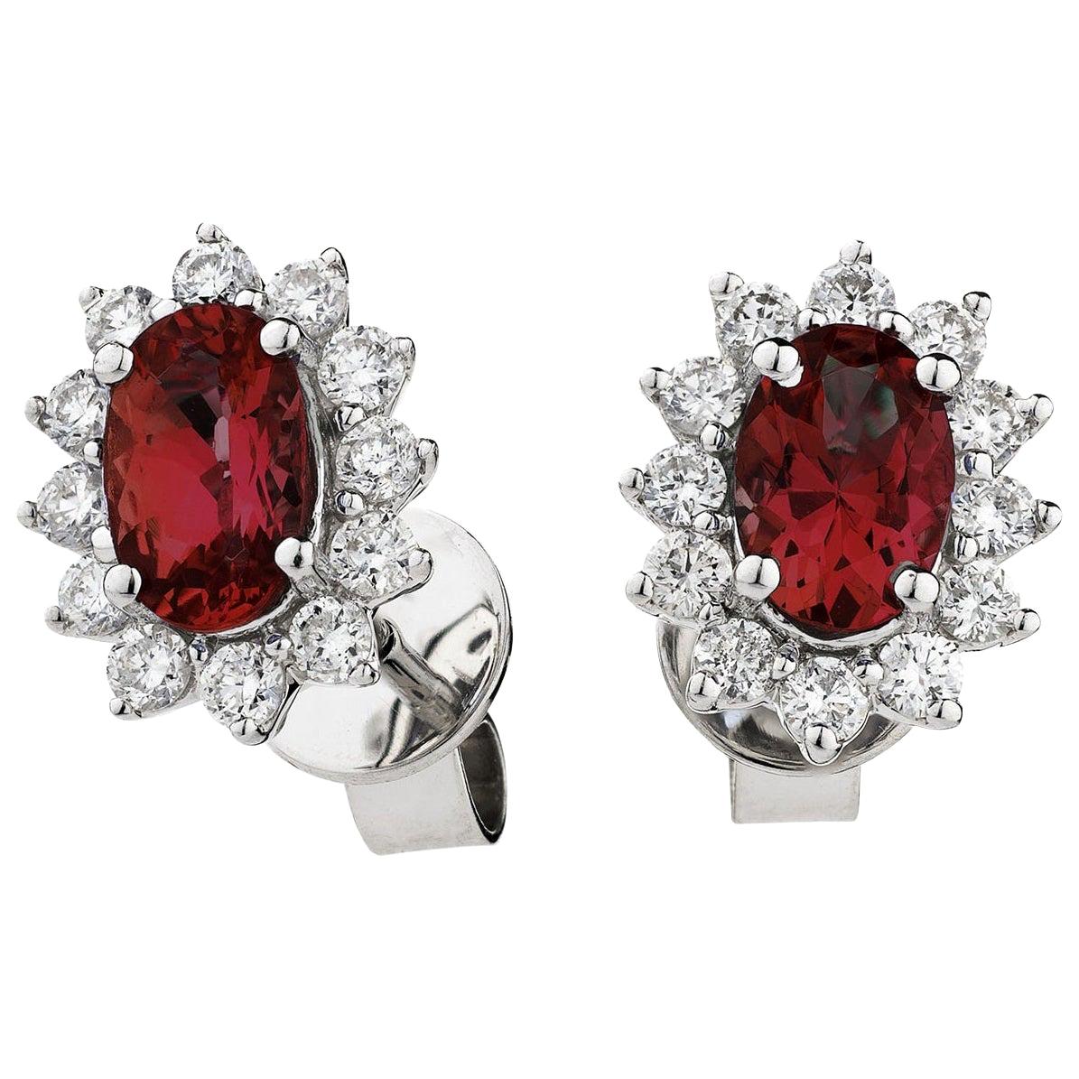 Diamond Ruby 1.66ct Cluster Earrings Round Oval Studs Modern 18 Karat White Gold For Sale