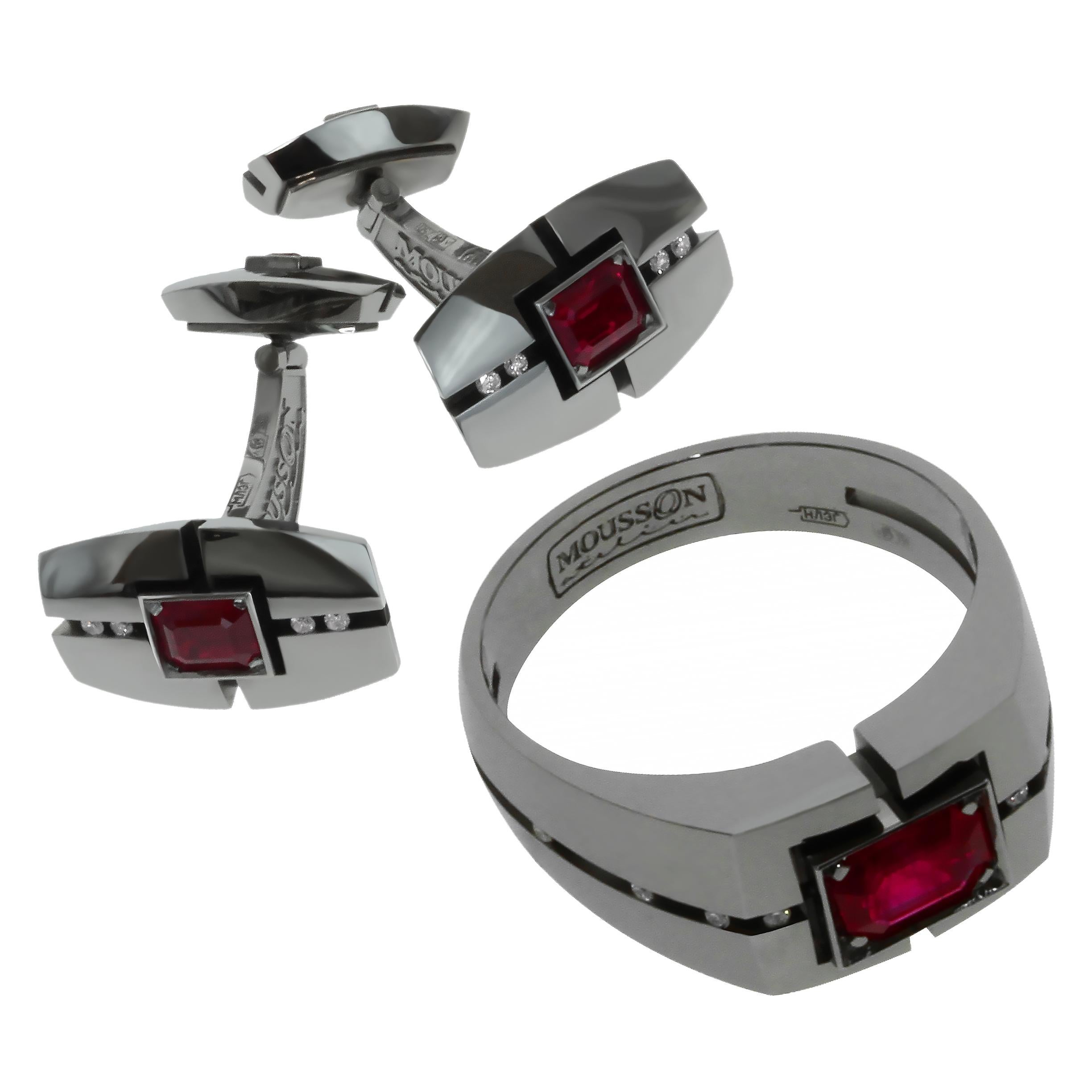 Diamond Ruby 18 Karat Black Gold Cufflinks and Ring Suite For Sale