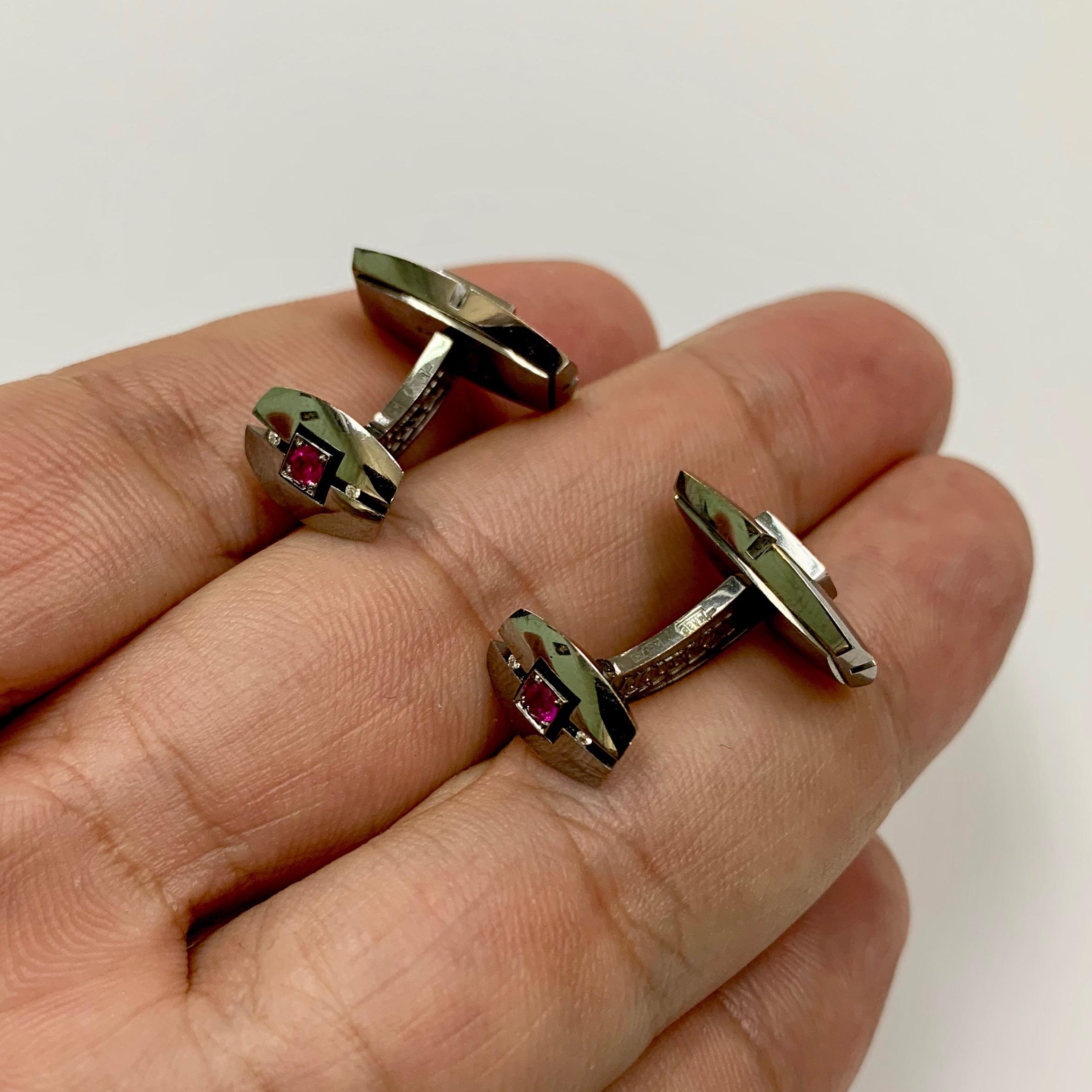 Diamond Ruby 18 Karat Black Gold Cufflinks In New Condition For Sale In Bangkok, TH