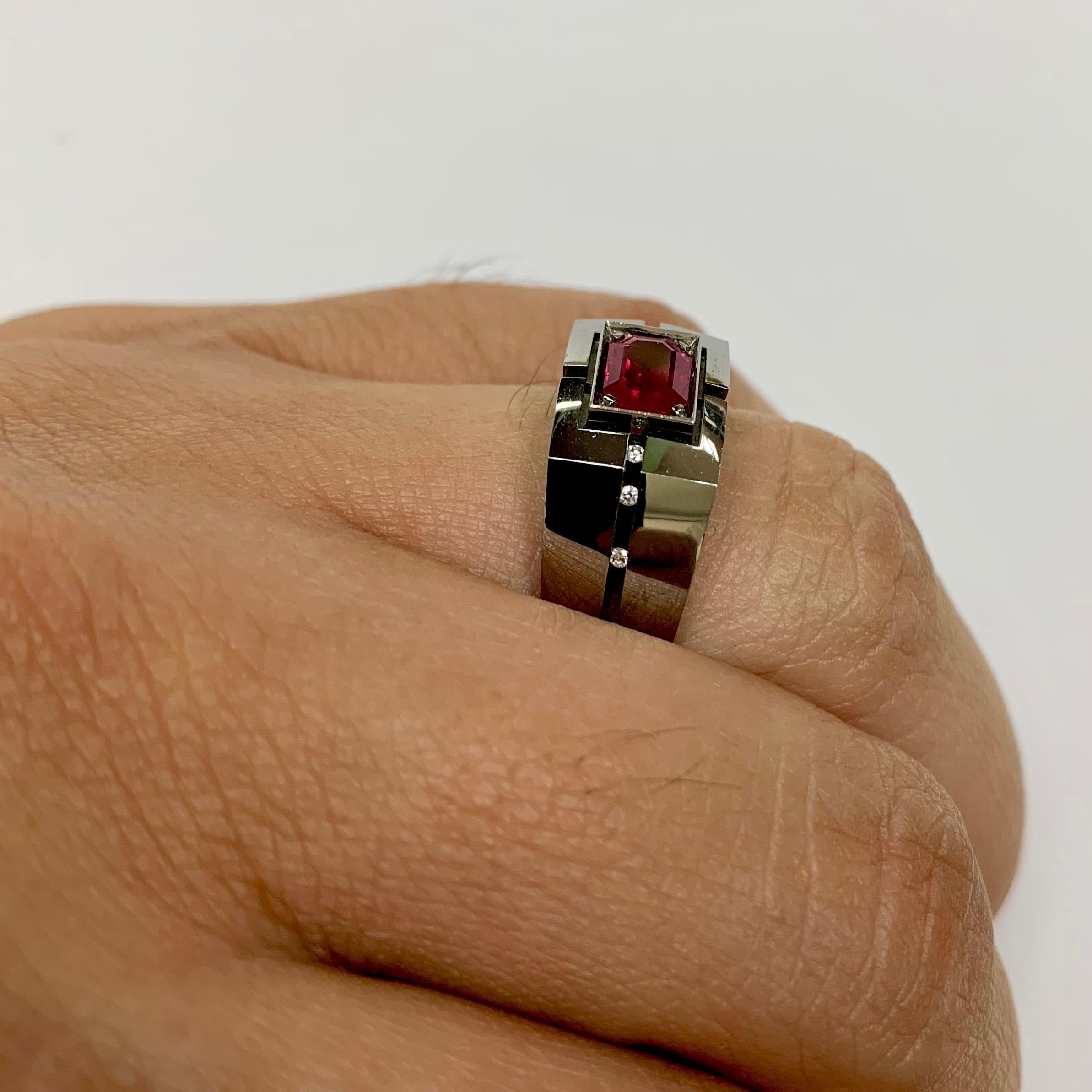 Men's Diamond Ruby 18 Karat Black Gold Male Ring For Sale