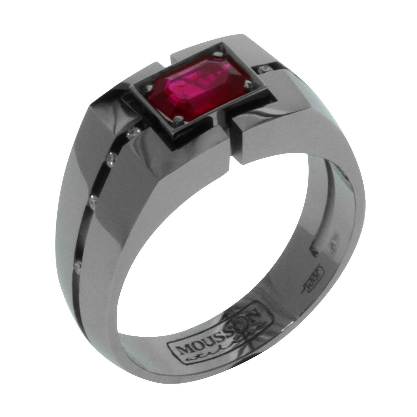 Diamond Ruby 18 Karat Black Gold Male Ring For Sale