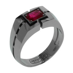 Anello maschile con diamante e rubino in oro nero 18 carati