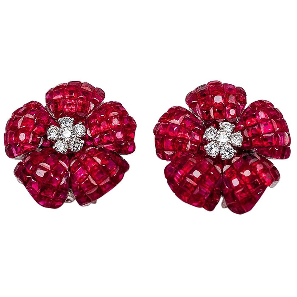 Diamond Ruby 18 Karat White Gold Invisible Clip-On Earrings For Sale