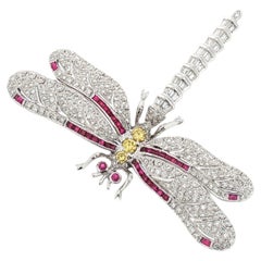Diamond Ruby 18 Karat White Gold Large Dragonfly Brooch
