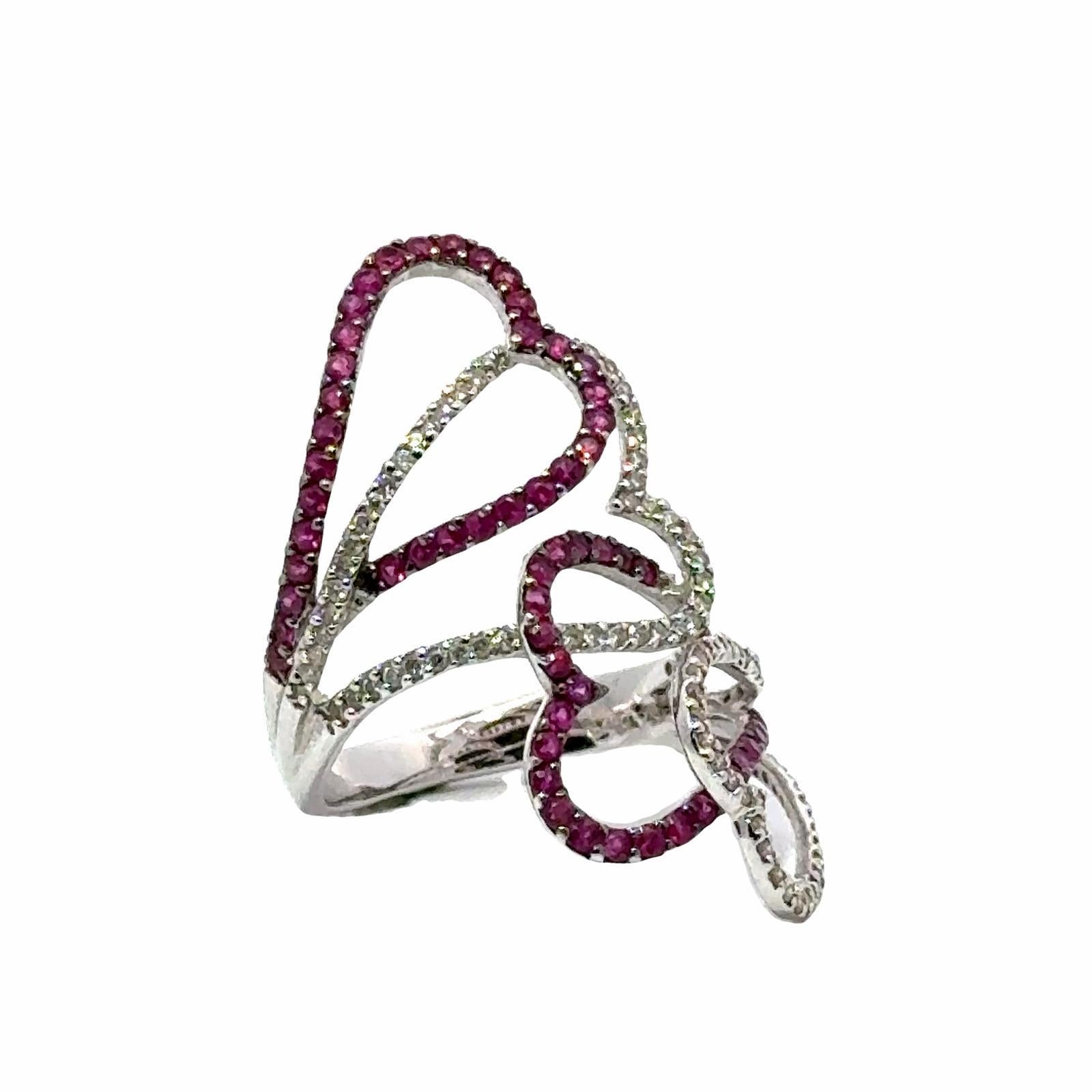 Women's Diamond  Ruby 18 Karat White Gold Modern Open Heart Elongated Ring For Sale