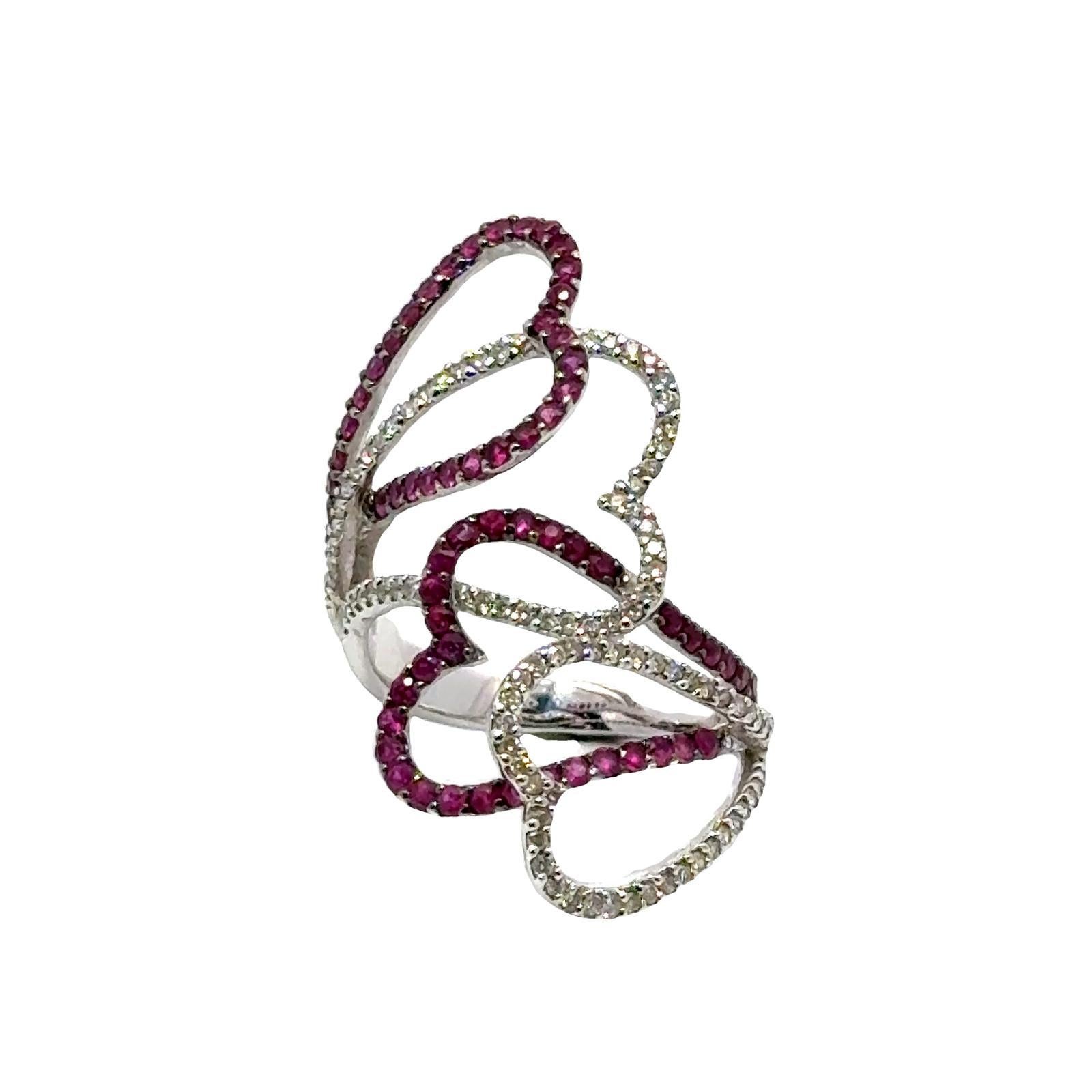 Diamond  Ruby 18 Karat White Gold Modern Open Heart Elongated Ring For Sale 1