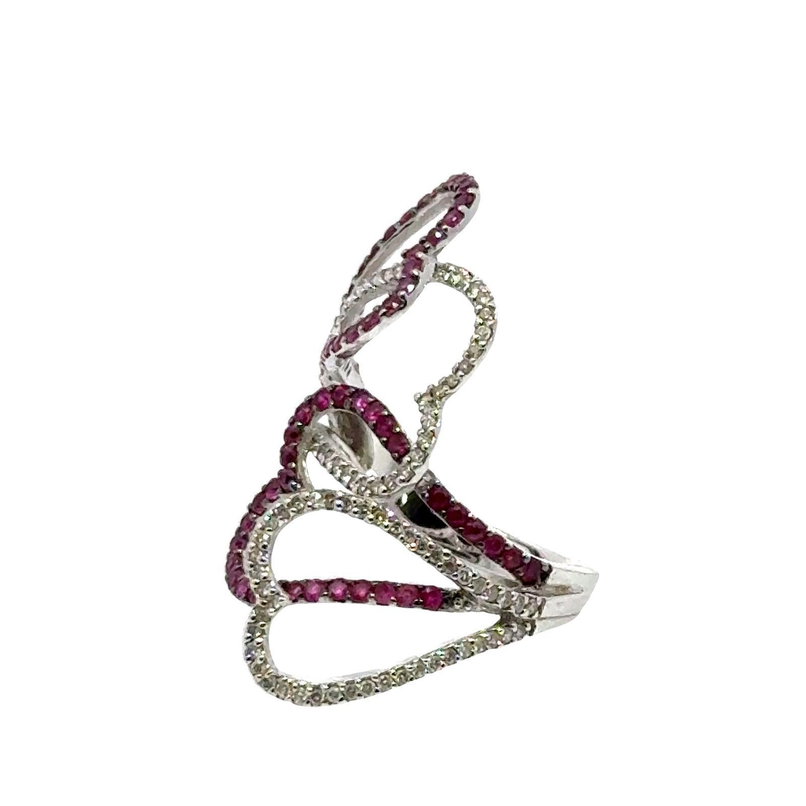 Diamond  Ruby 18 Karat White Gold Modern Open Heart Elongated Ring For Sale 2