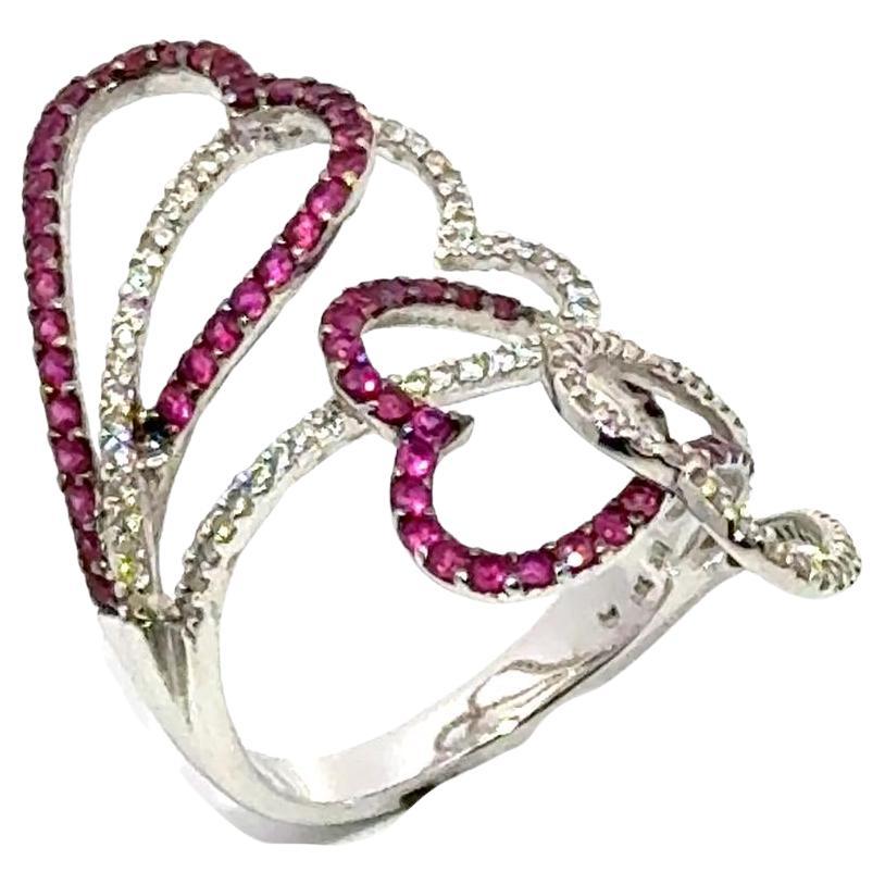 Diamond  Ruby 18 Karat White Gold Modern Open Heart Elongated Ring For Sale
