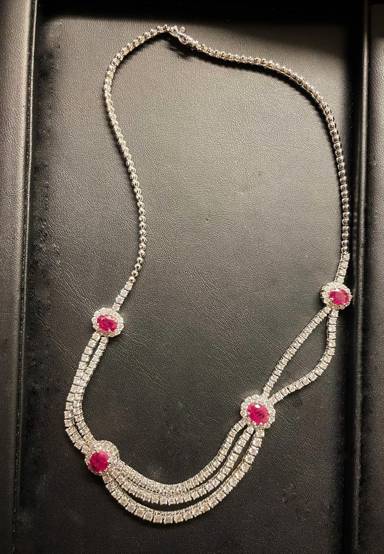 Modern Vintage Diamond Ruby Necklace 18 Karat White Gold For Sale