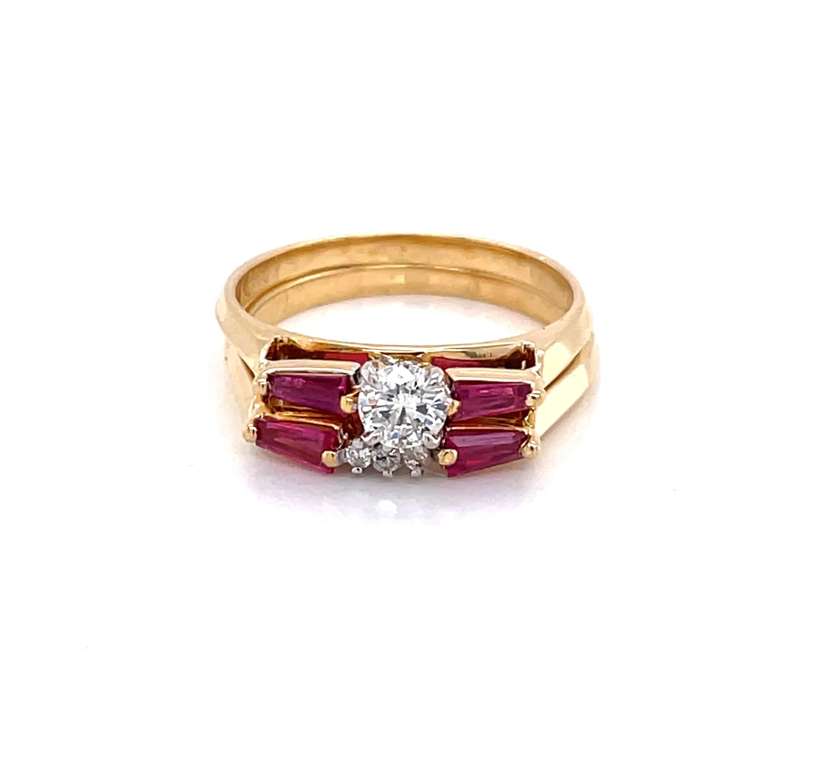 Understated elegance, this unique diamond ruby double stack ring set delivers colorful impact and versatility. Two individual bands of bright eighteen karat 18k yellow gold nest together and are adorned with colorful .03 carat ruby baguettes. One