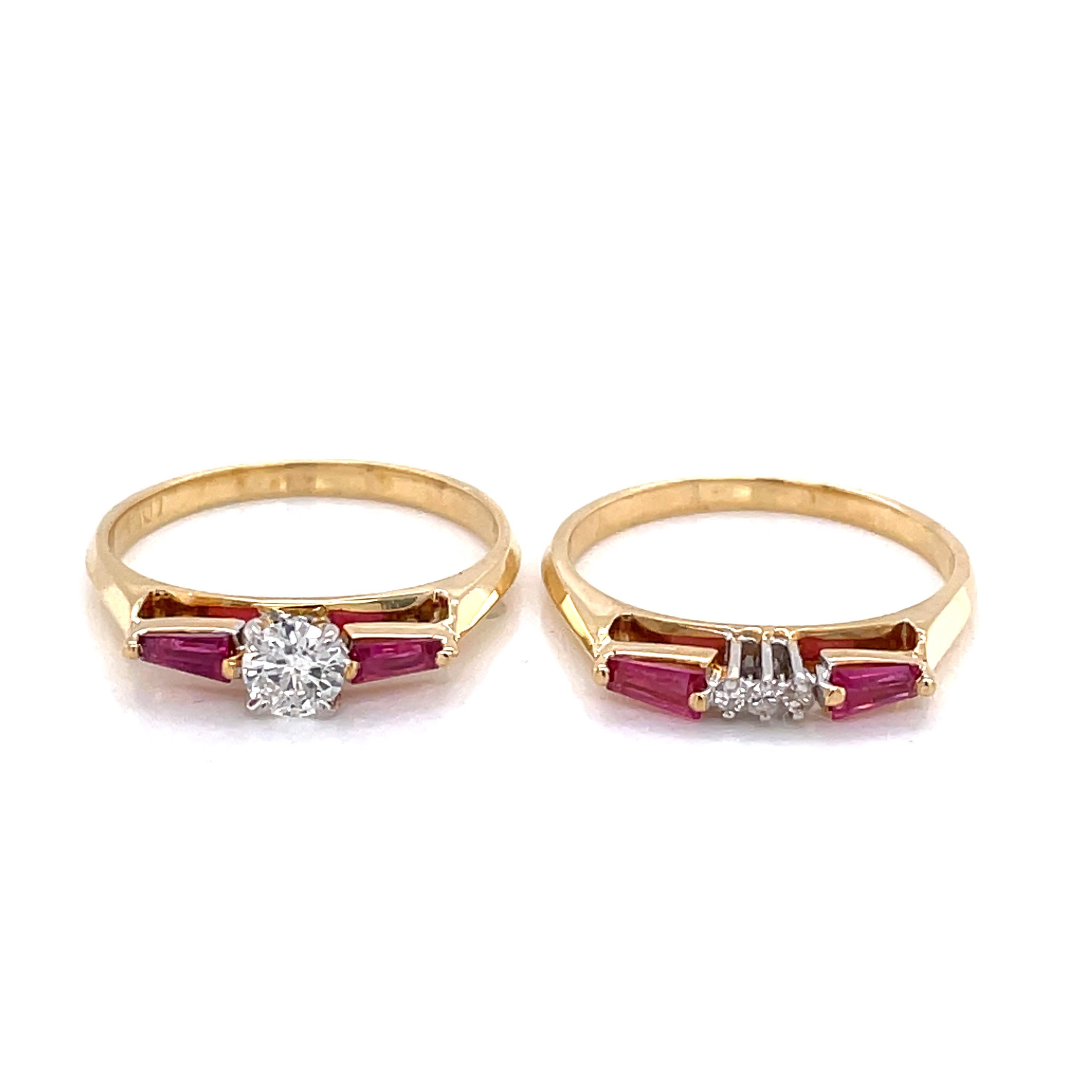 Round Cut Diamond Ruby 18 Karat Yellow Gold Double Stacking Ring Set For Sale