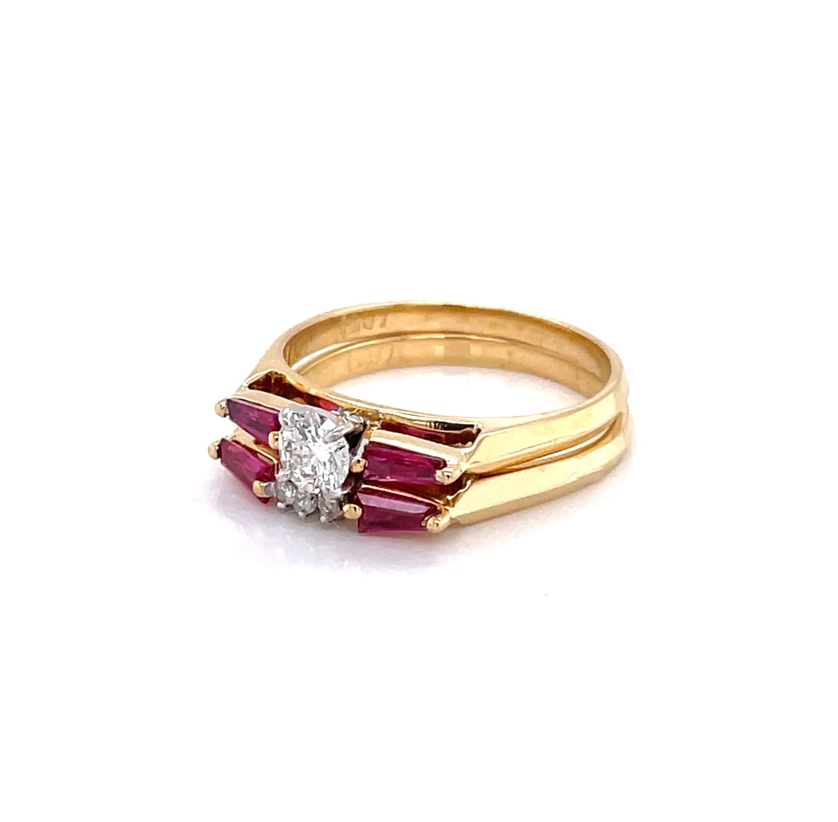 Diamond Ruby 18 Karat Yellow Gold Double Stacking Ring Set In Excellent Condition For Sale In Mount Kisco, NY