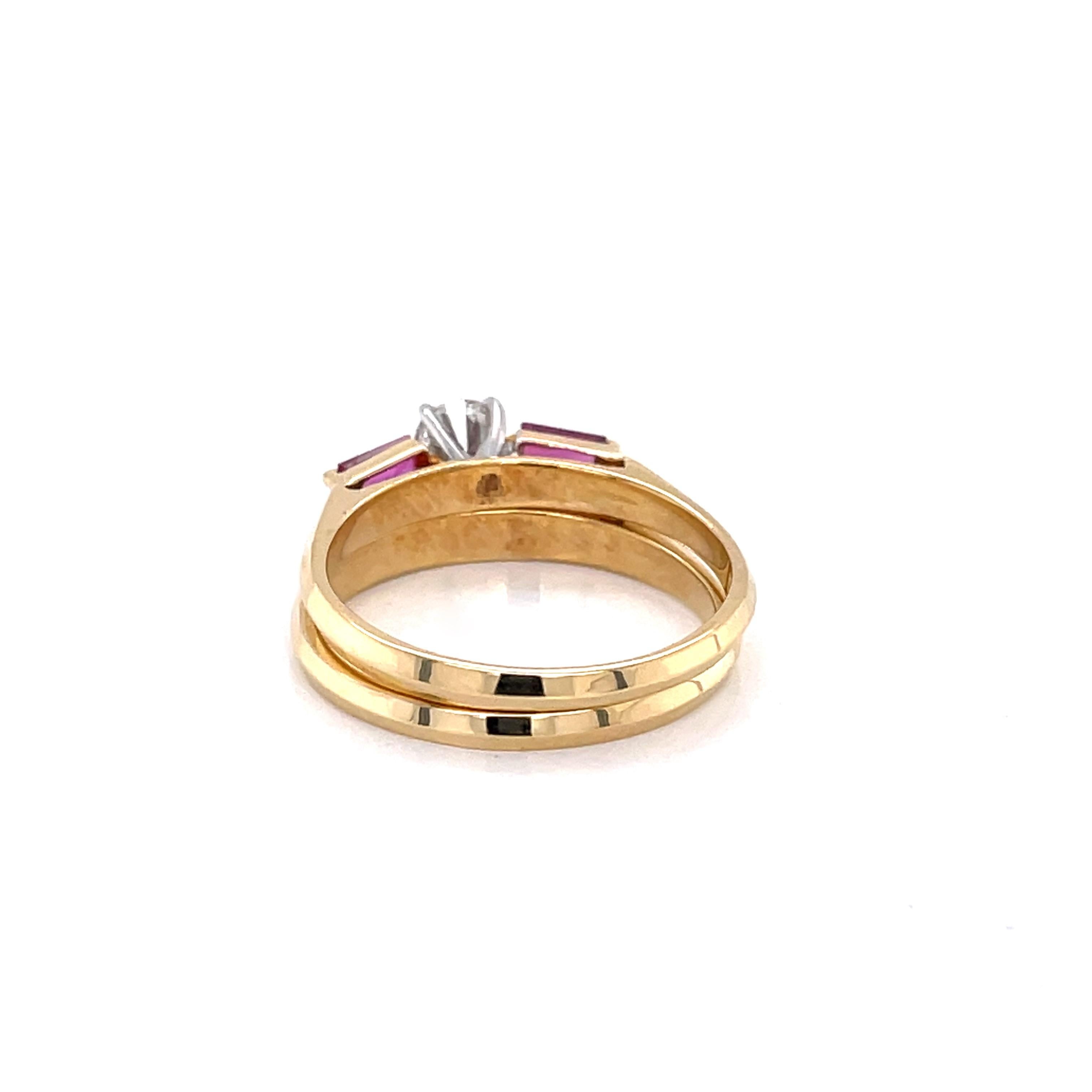 Women's Diamond Ruby 18 Karat Yellow Gold Double Stacking Ring Set For Sale