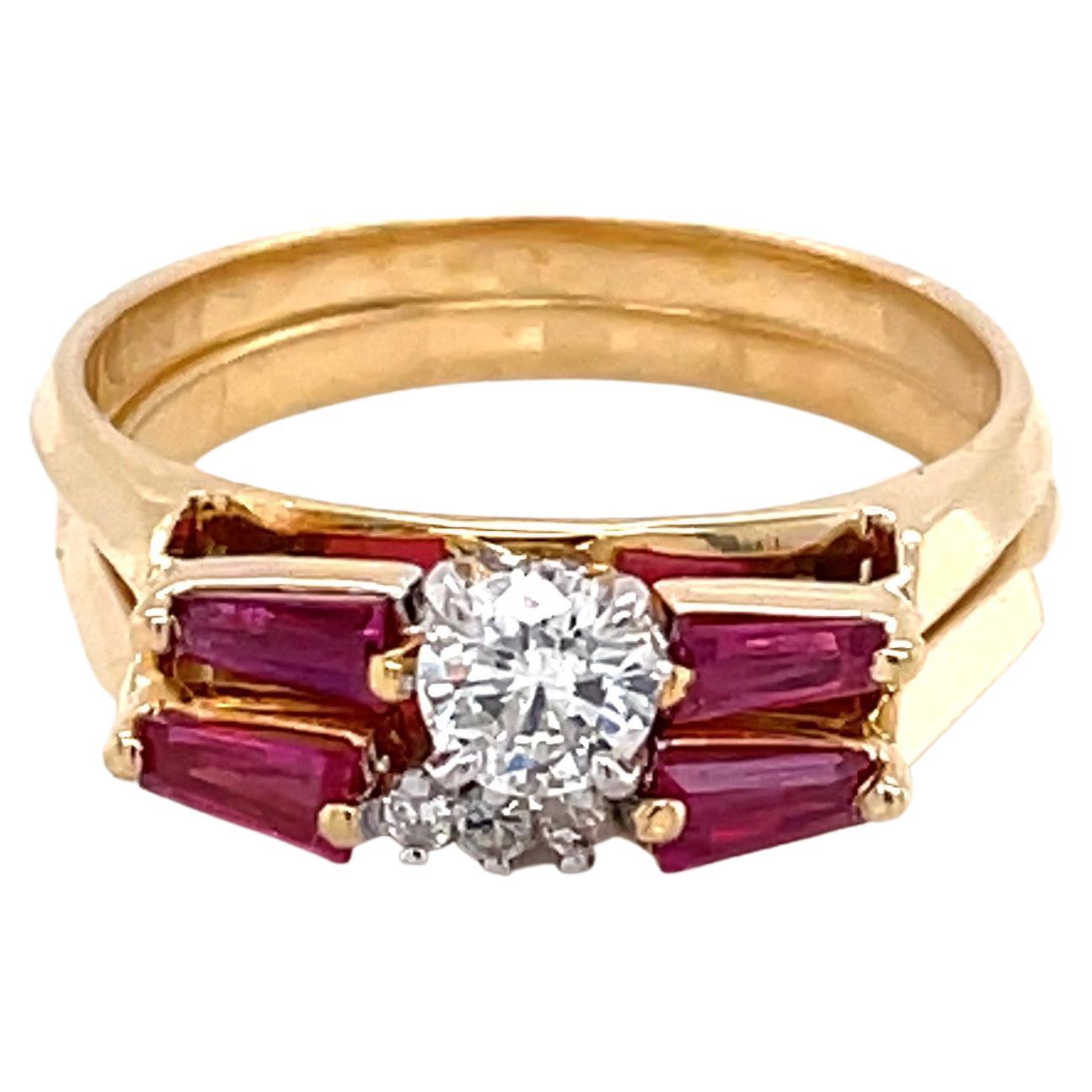 Diamond Ruby 18 Karat Yellow Gold Double Stacking Ring Set For Sale