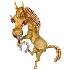 Diamond Ruby 18 Karat Yellow Gold Horse Pin Brooch
