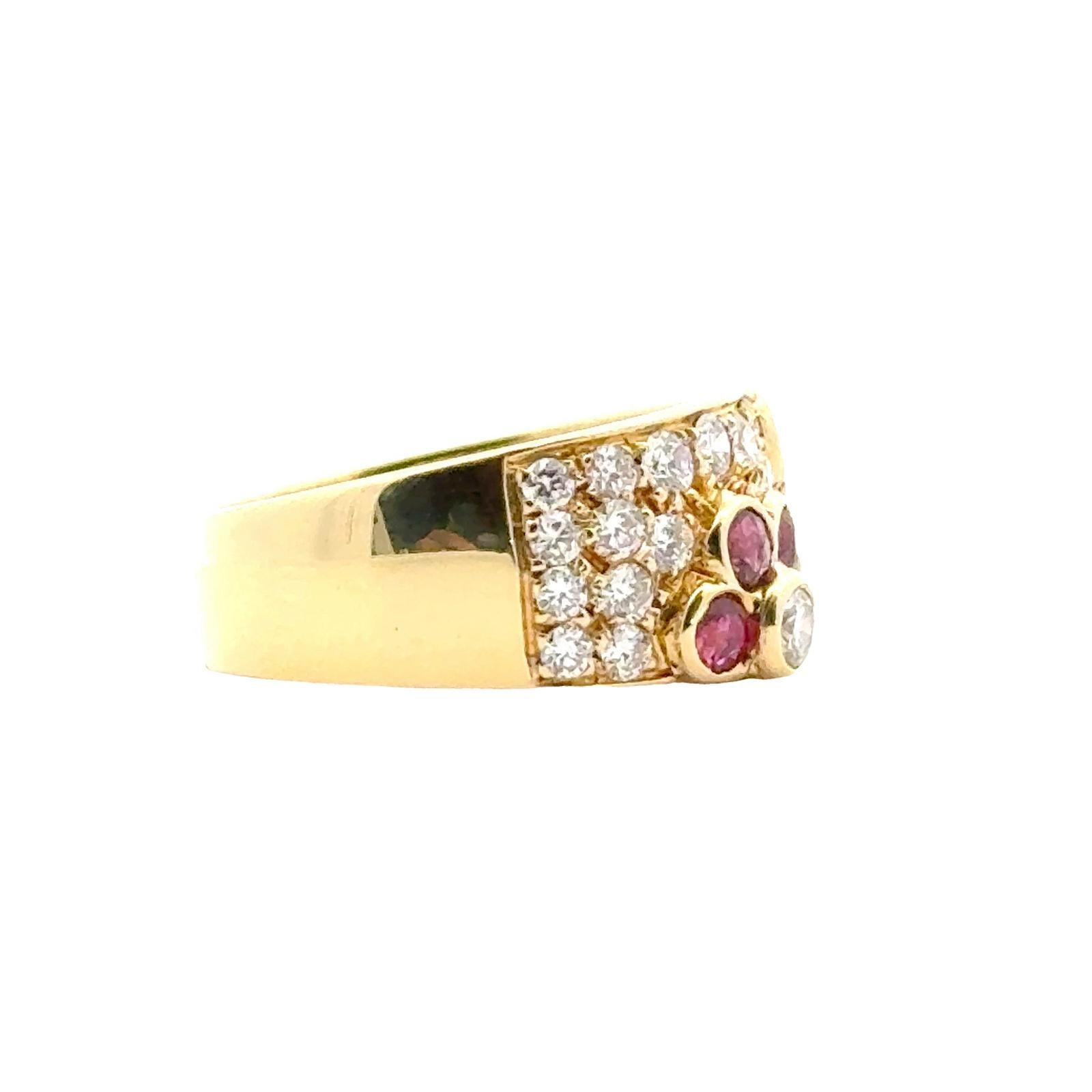 Women's Diamond Ruby 18 Karat Yellow Gold Modern Flower Band Ring For Sale