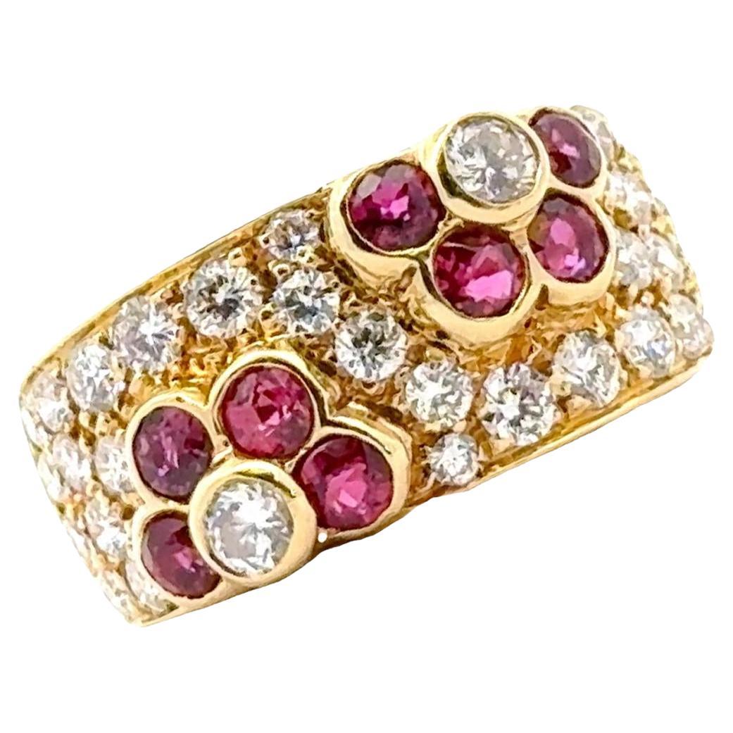 Diamond Ruby 18 Karat Yellow Gold Modern Flower Band Ring For Sale