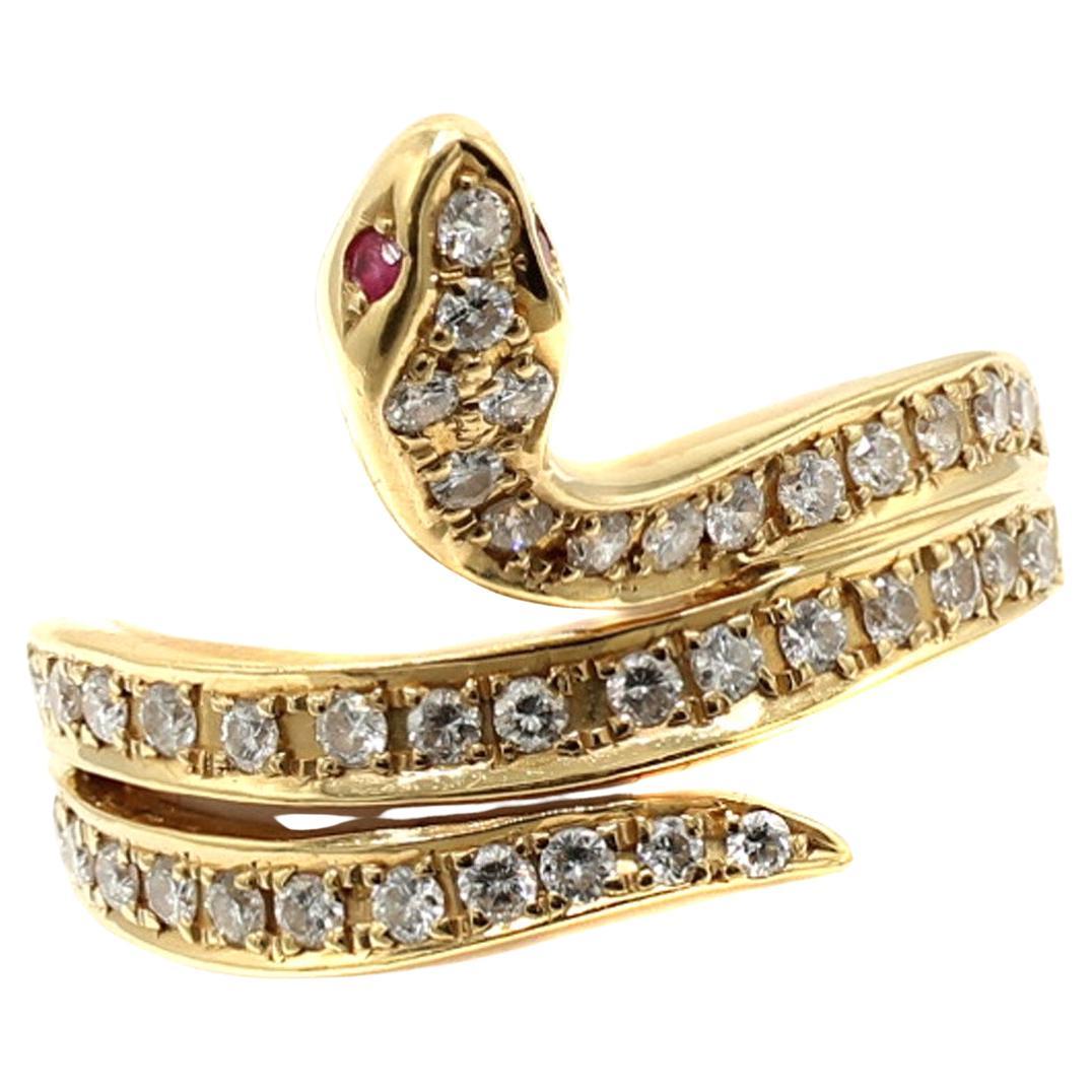 Diamond Ruby 18 Karat Yellow Gold Snake Ring
