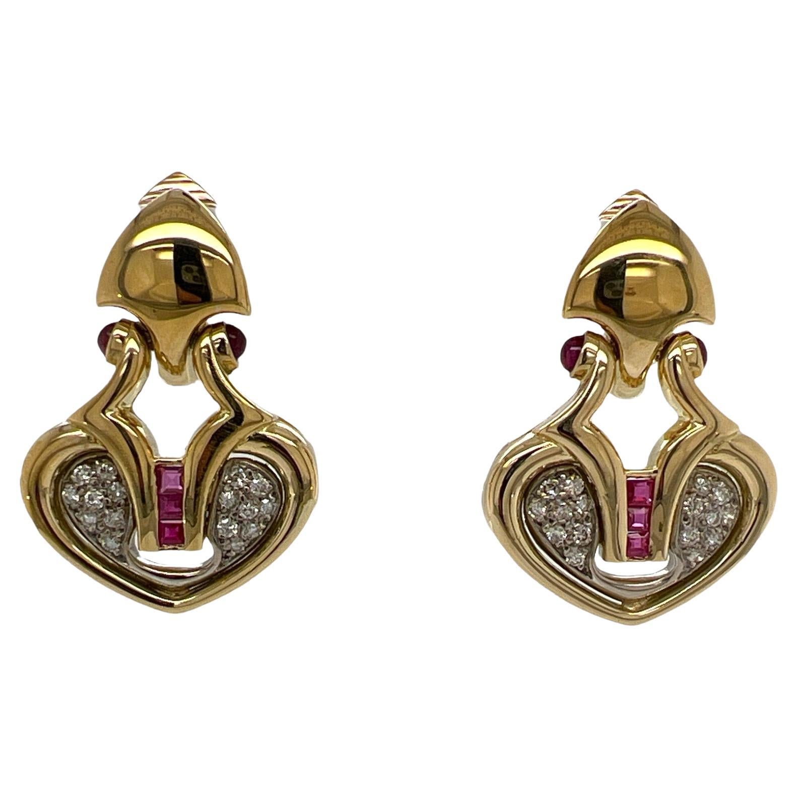 Diamond Ruby 18 Karat Yellow Gold Vintage Drop Leverback Earrings