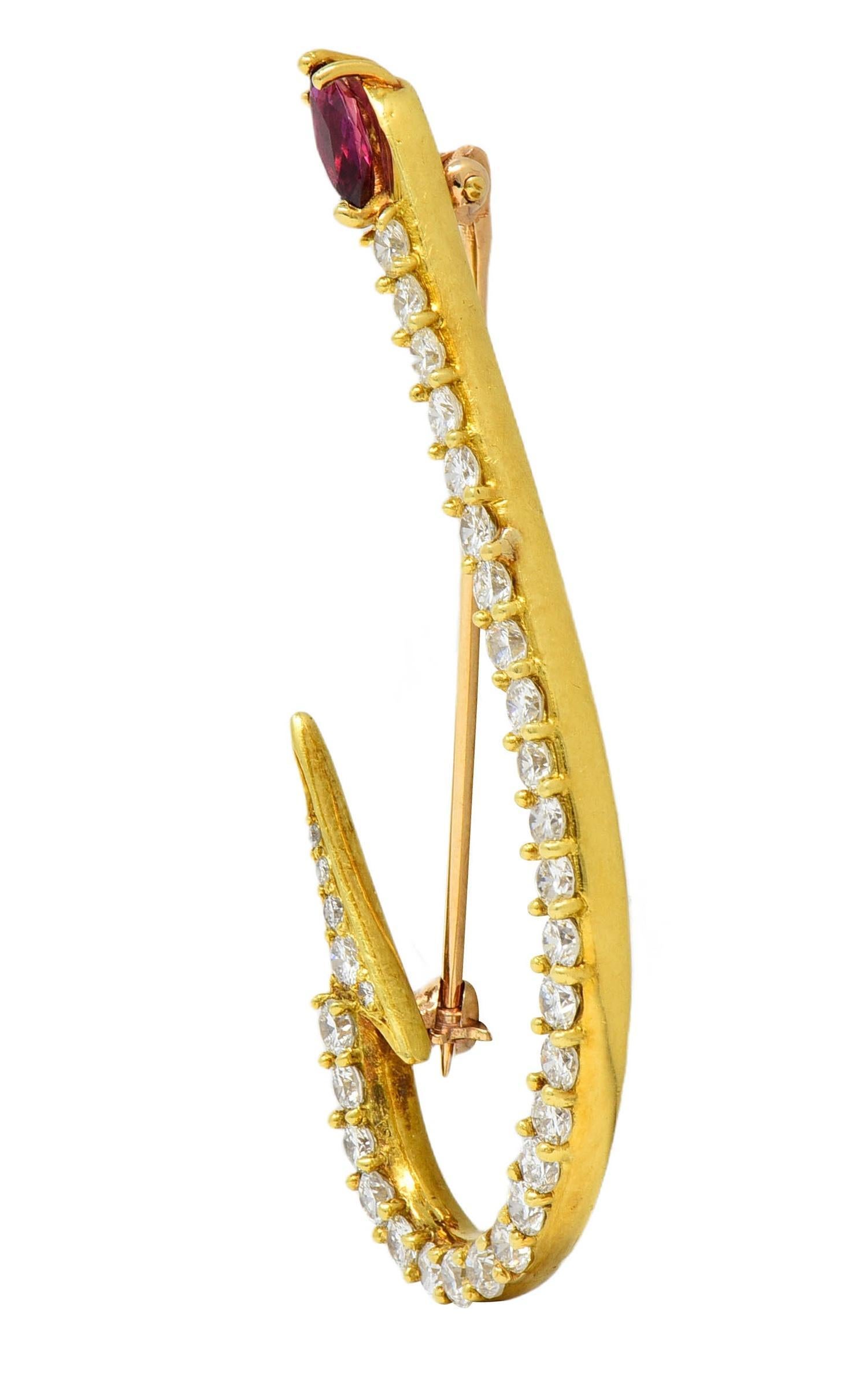 Marquise Cut Diamond Ruby 18 Karat Yellow Gold Vintage Fishing Hook Unisex Brooch For Sale