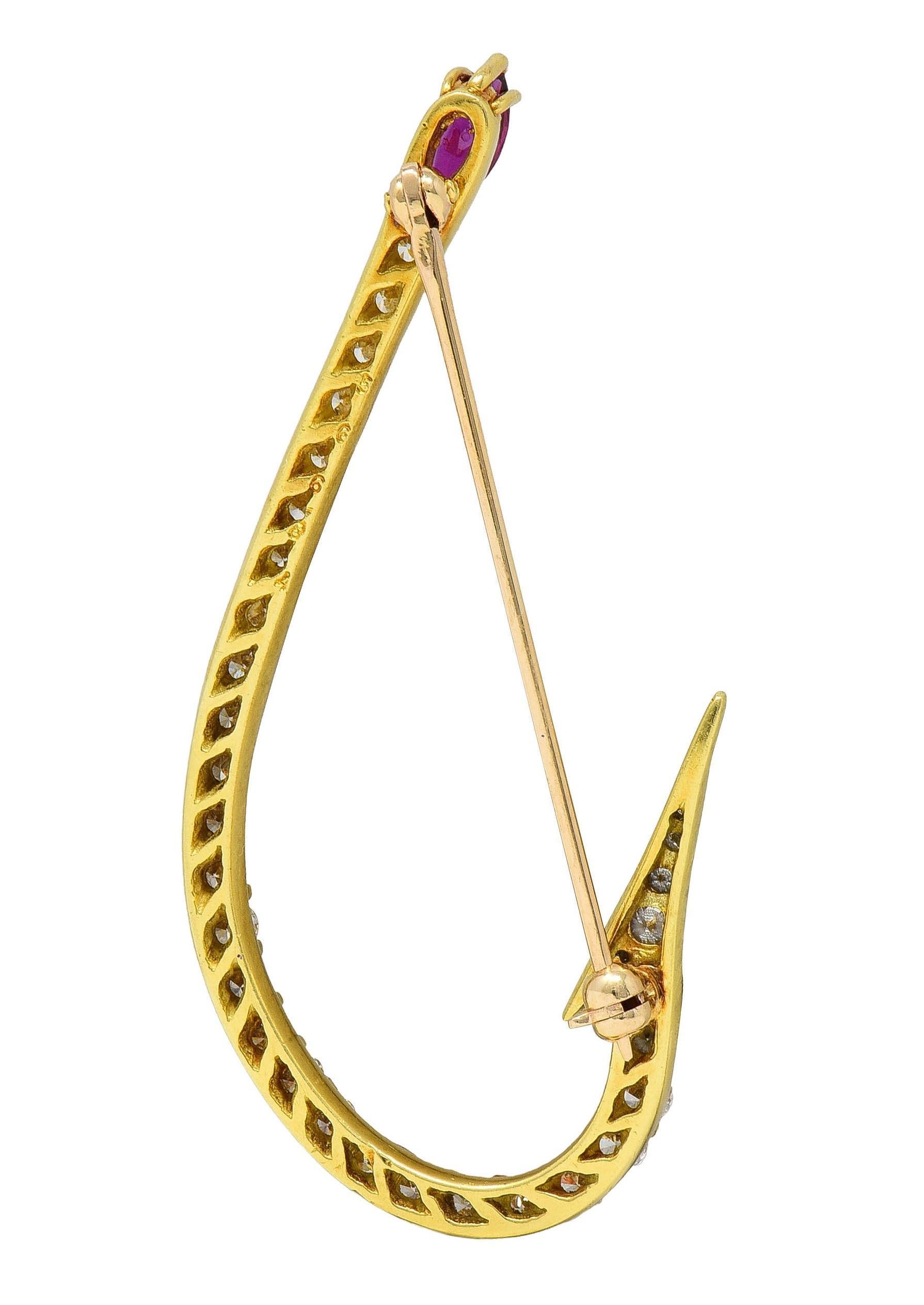 Diamond Ruby 18 Karat Yellow Gold Vintage Fishing Hook Unisex Brooch In Excellent Condition For Sale In Philadelphia, PA
