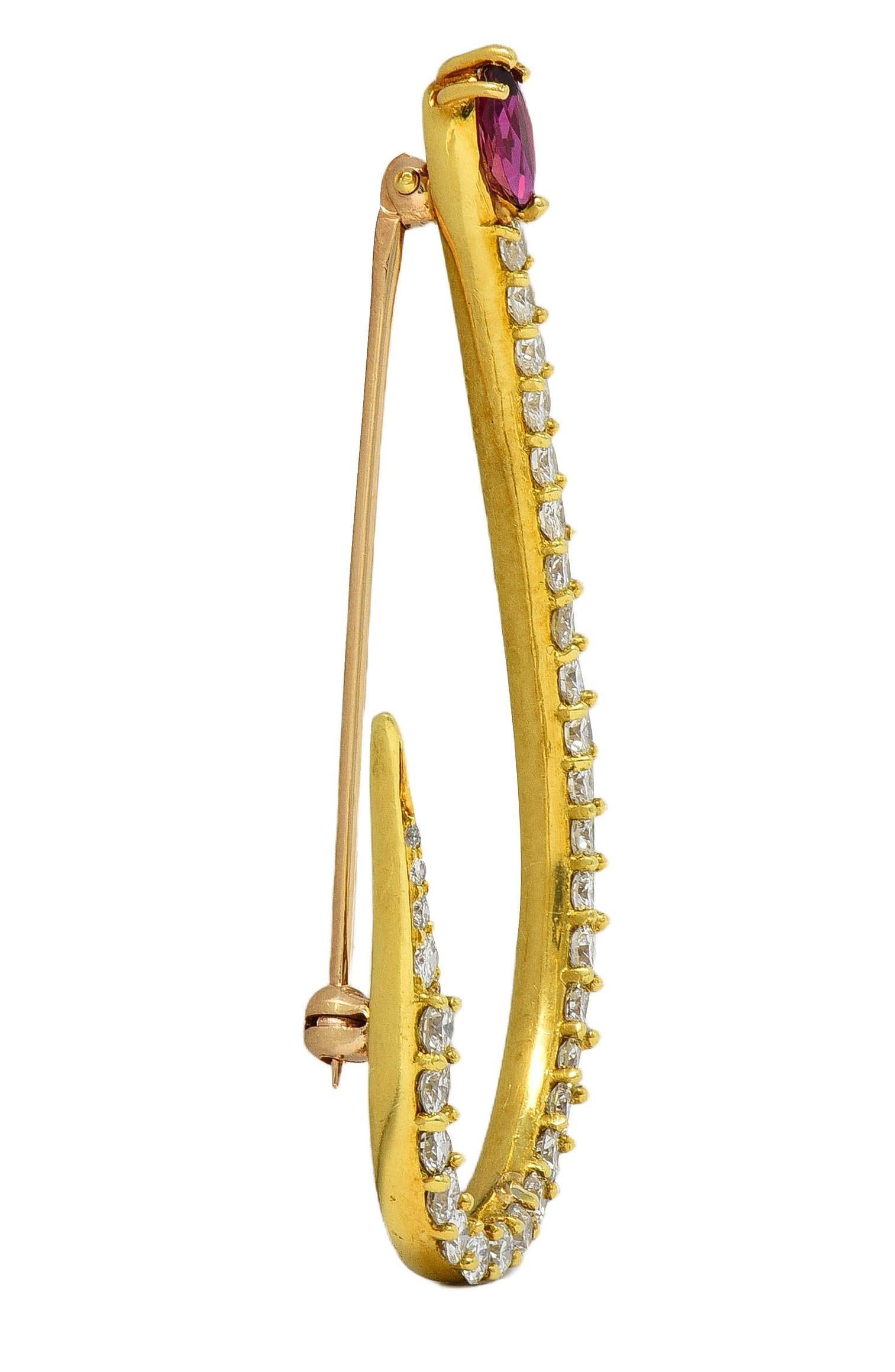 Diamond Ruby 18 Karat Yellow Gold Vintage Fishing Hook Unisex Brooch For Sale 2