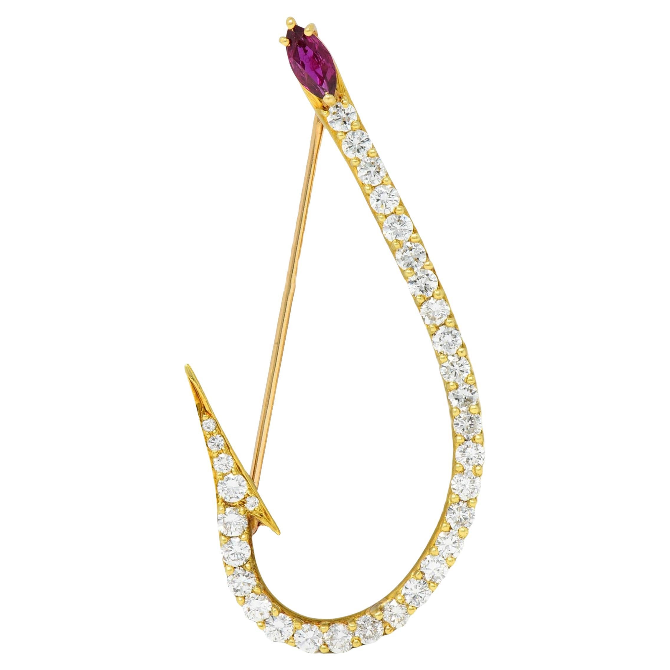 Diamond Ruby 18 Karat Yellow Gold Vintage Fishing Hook Unisex Brooch For Sale