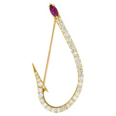 Diamond Ruby 18 Karat Yellow Gold Vintage Fishing Hook Unisex Brooch