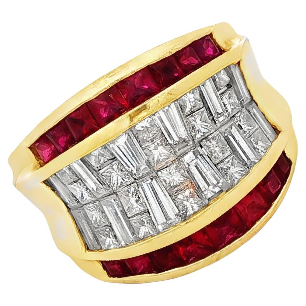 Anello con diamante e rubino in oro giallo 18 carati a fascia larga Vintage By