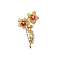 Diamond Ruby 18k Gold Platinum Bouquet Brooch