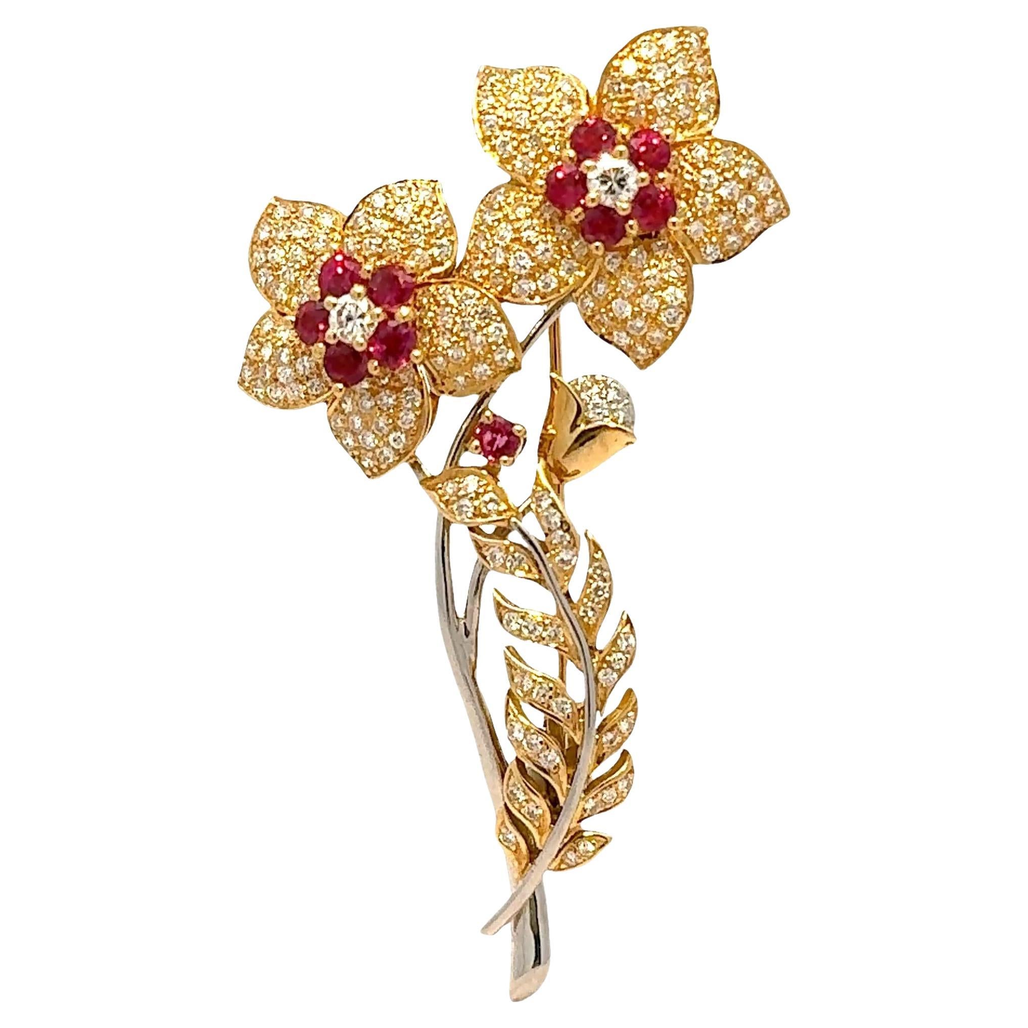 Diamant Rubin 18k Gold Platin Blumenstrauß Brosche