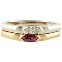 Retro Diamond, Ruby, 18 Karat White and Rose Gold Double Ring