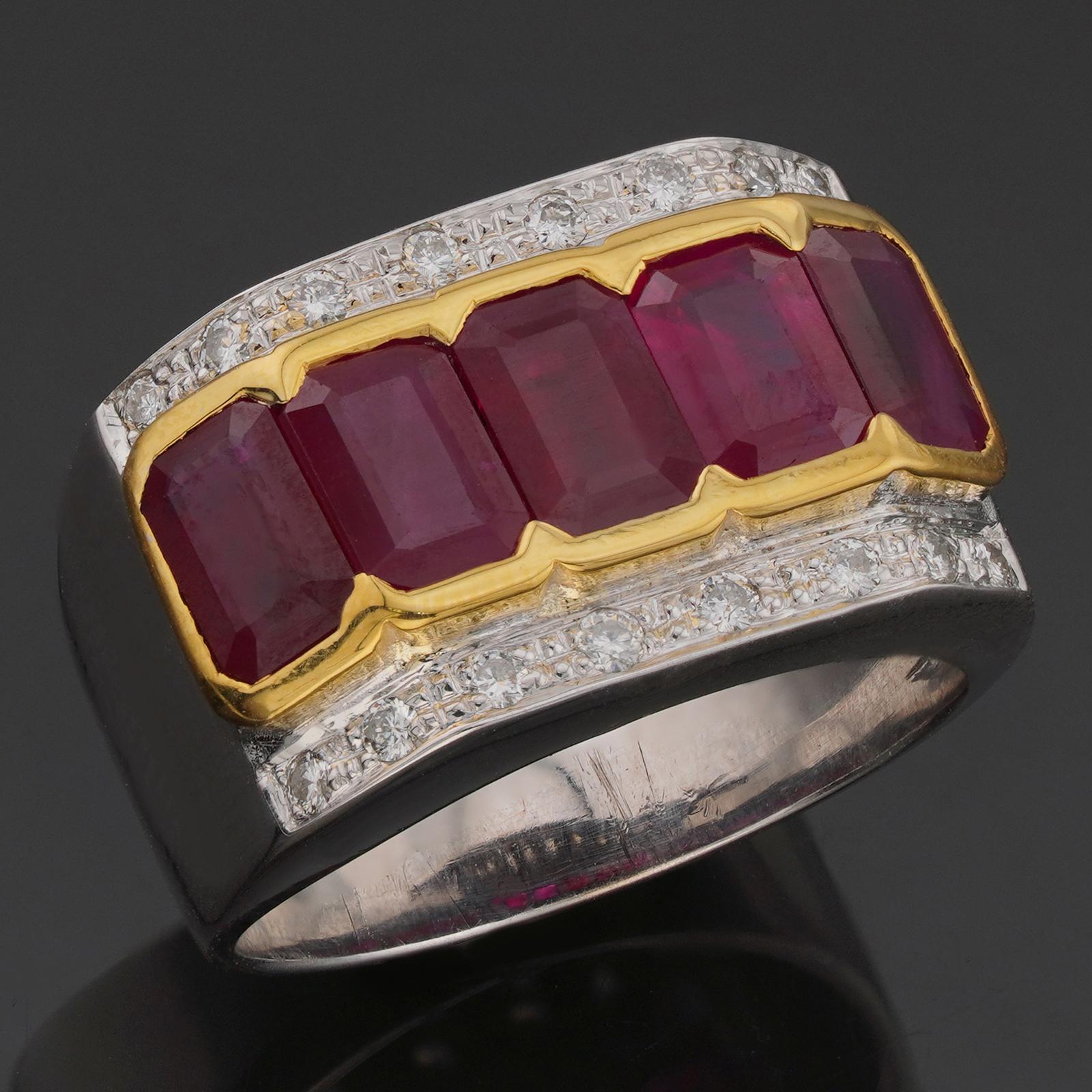 This stylish retro unisex band is made in 18k white gold and features 5 emerald-cut 5.6mm x 4.93mm x 3.05 rubies set yellow gold and surrounded by round diamonds. Made in United States circa 1960s. Measurements: 0.47