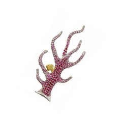 Diamond Ruby 18k White Yellow Gold STAGHORN CORAL Brooch by John Landrum Bryant