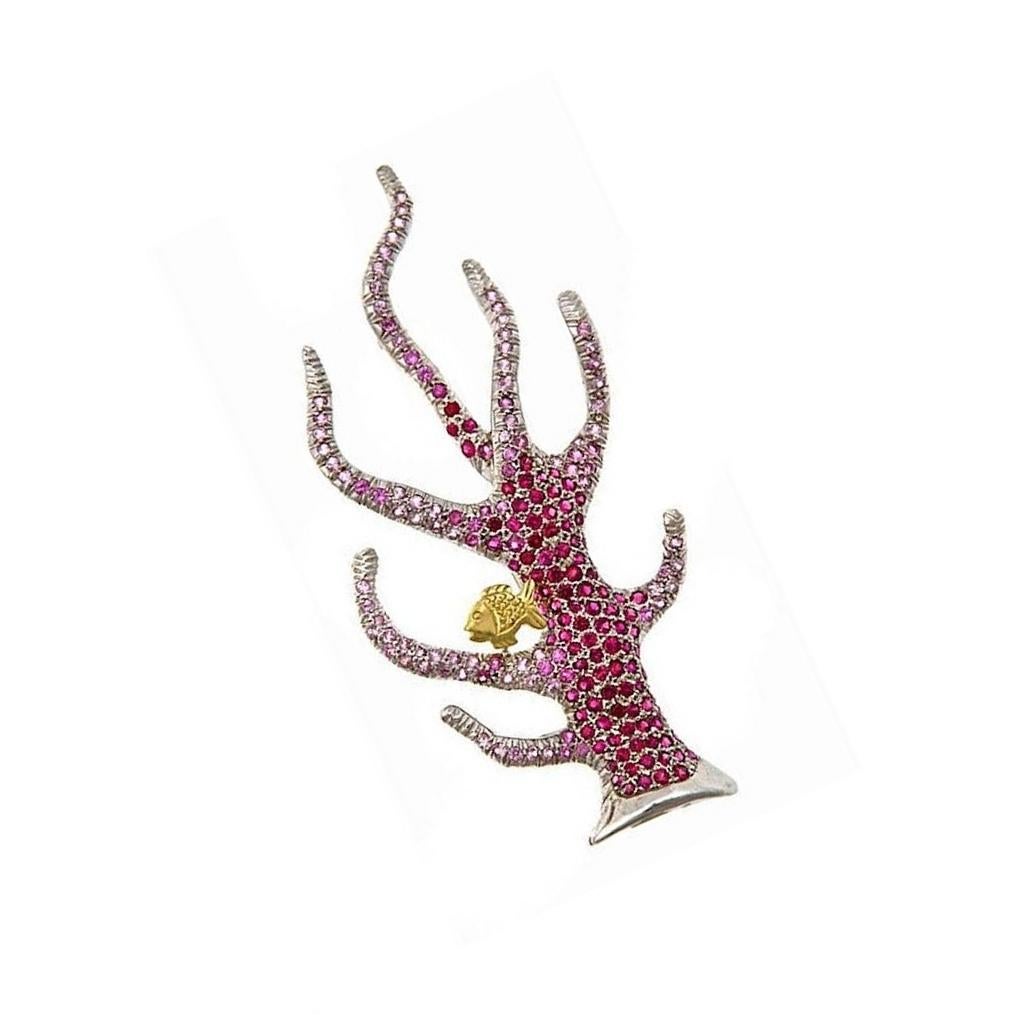 Contemporary Diamond Ruby 18k White Yellow Gold STAGHORN CORAL Brooch by John Landrum Bryant For Sale