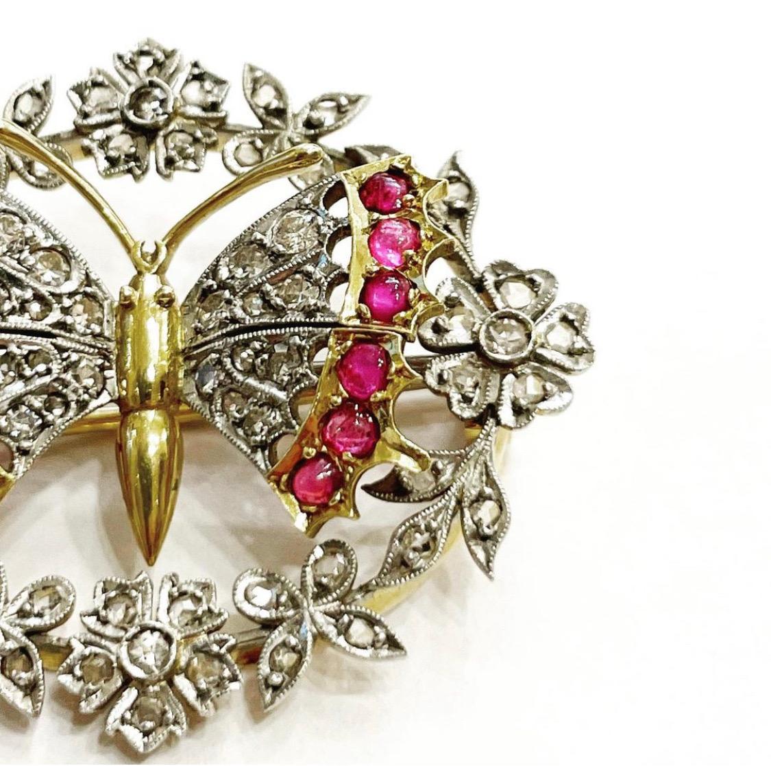 Amazing butterfly brooch with pave set with Diamonds and ruby cabochon .
Handmade 18k Yellow and White Gold.
Total diamonds: 1.6 carats.
Total rubys: 0.6 carats.
Weight: 9.74 gr.
Measure: 3.7 x 3.1 cm.
In original box. 

FREE SHIPPING .
RETURNS