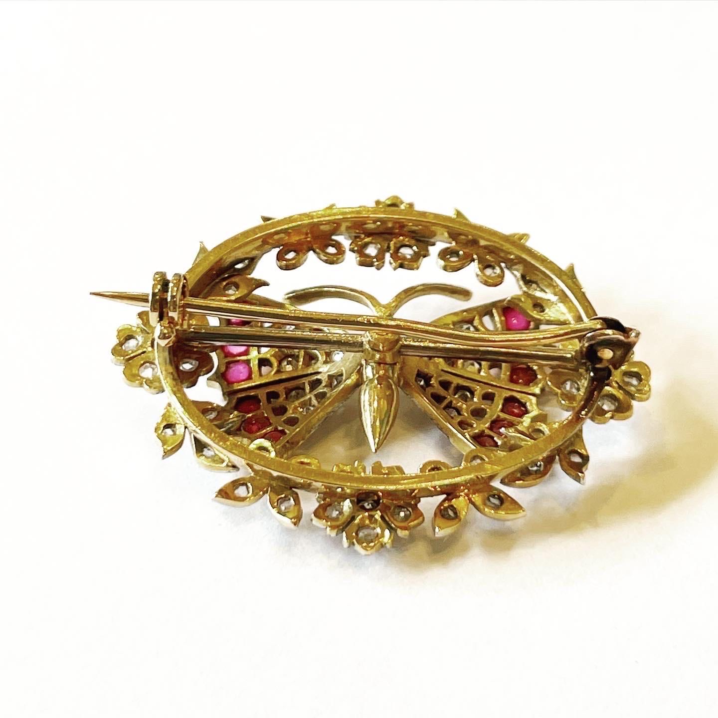 Old Mine Cut Diamond Ruby 18k Yellow White Gold Butterfly Pin Brooch For Sale