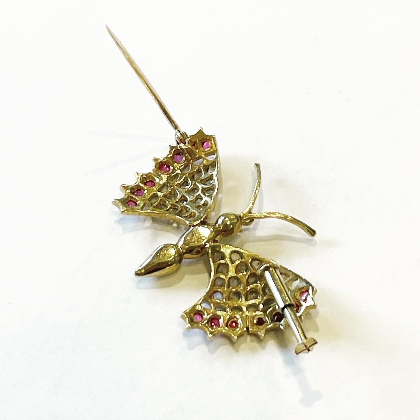 Modern Diamond Ruby 18k Yellow White Gold Butterfly Pin Brooch For Sale