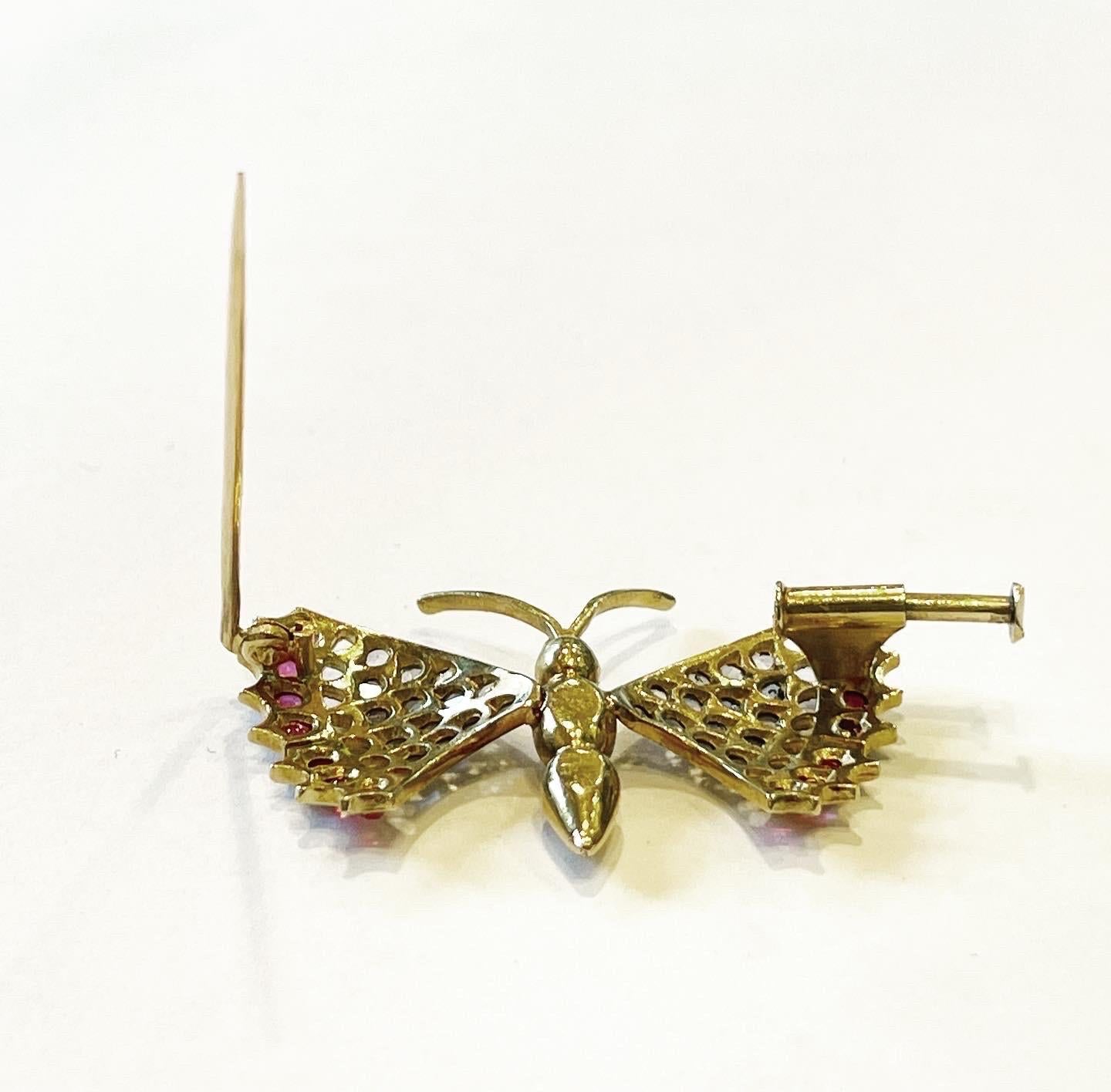Old Mine Cut Diamond Ruby 18k Yellow White Gold Butterfly Pin Brooch For Sale