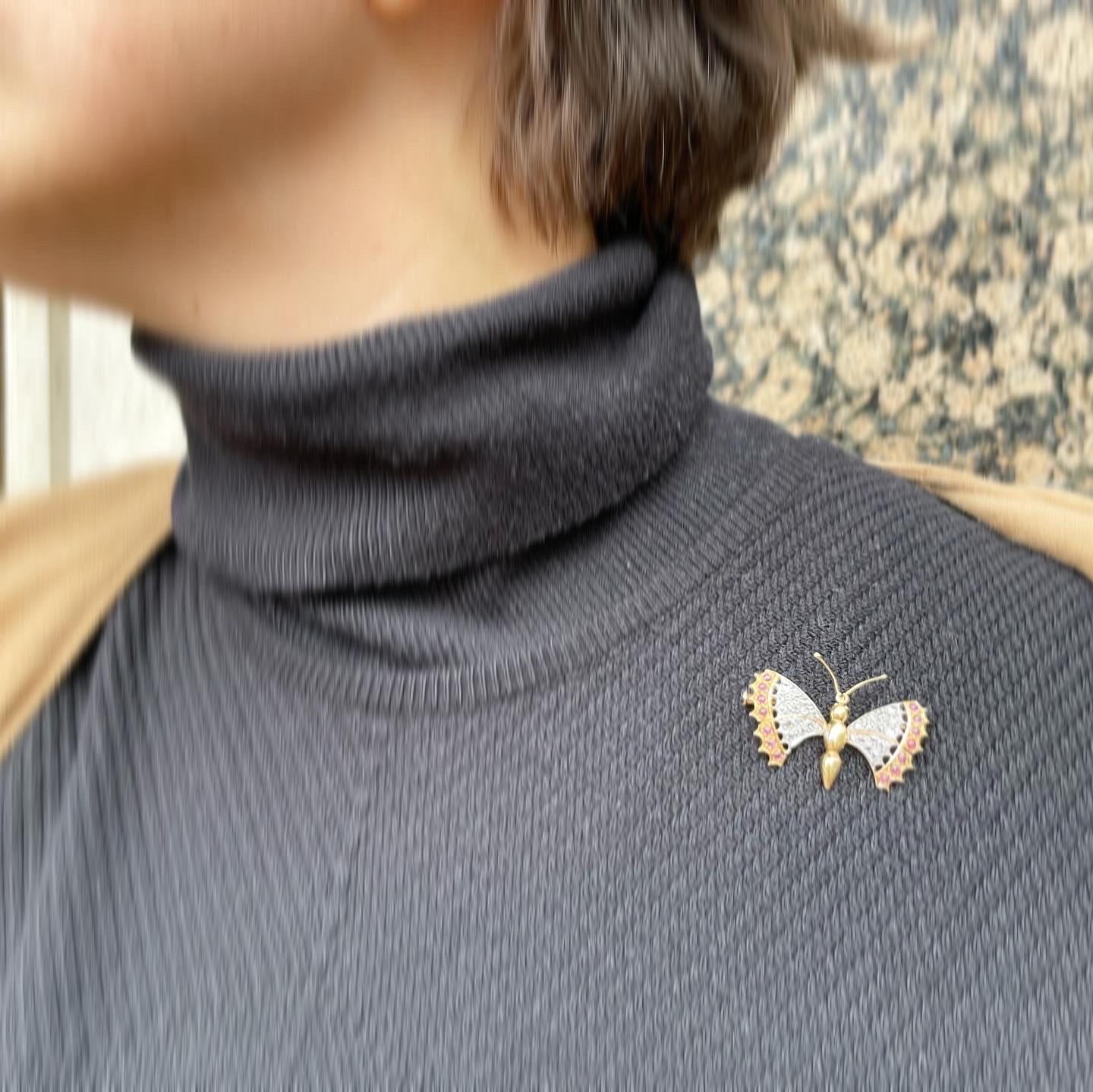 Women's or Men's Diamond Ruby 18k Yellow White Gold Butterfly Pin Brooch For Sale
