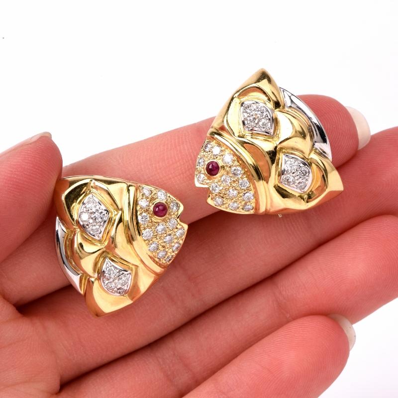 Women's Diamond Ruby 18 Karat Yellow and White Gold Fish Motif Earrings