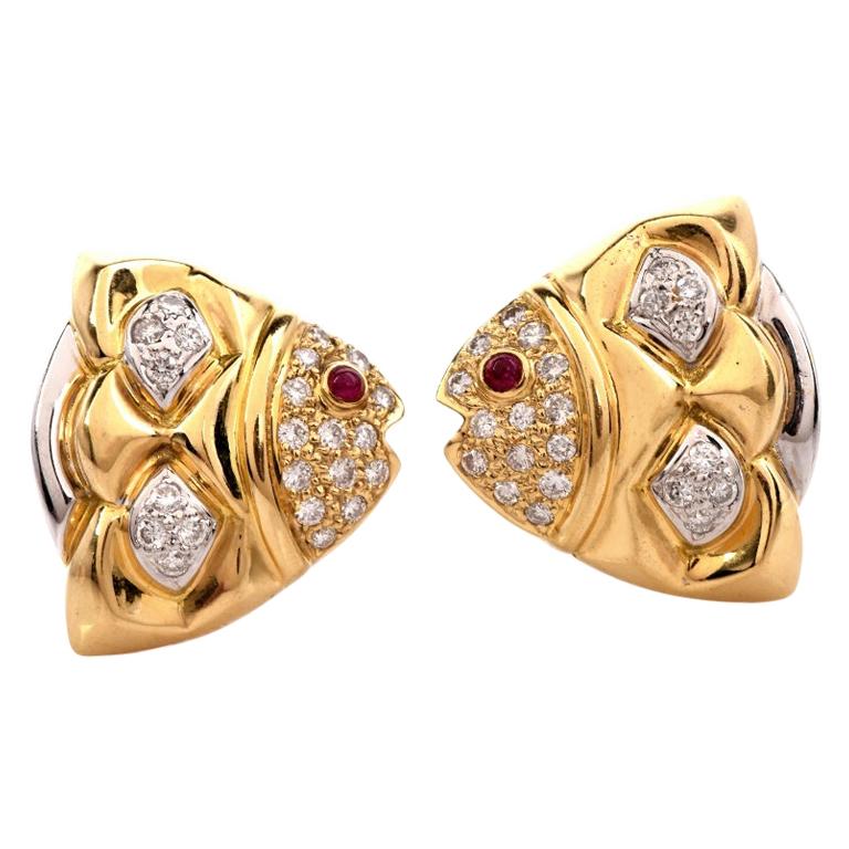 Diamond Ruby 18 Karat Yellow and White Gold Fish Motif Earrings