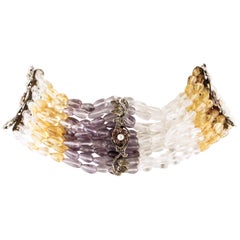 Diamond Ruby Amethyst Topaz Rock Crystal Pearl Rose Gold Silver Choker Necklace