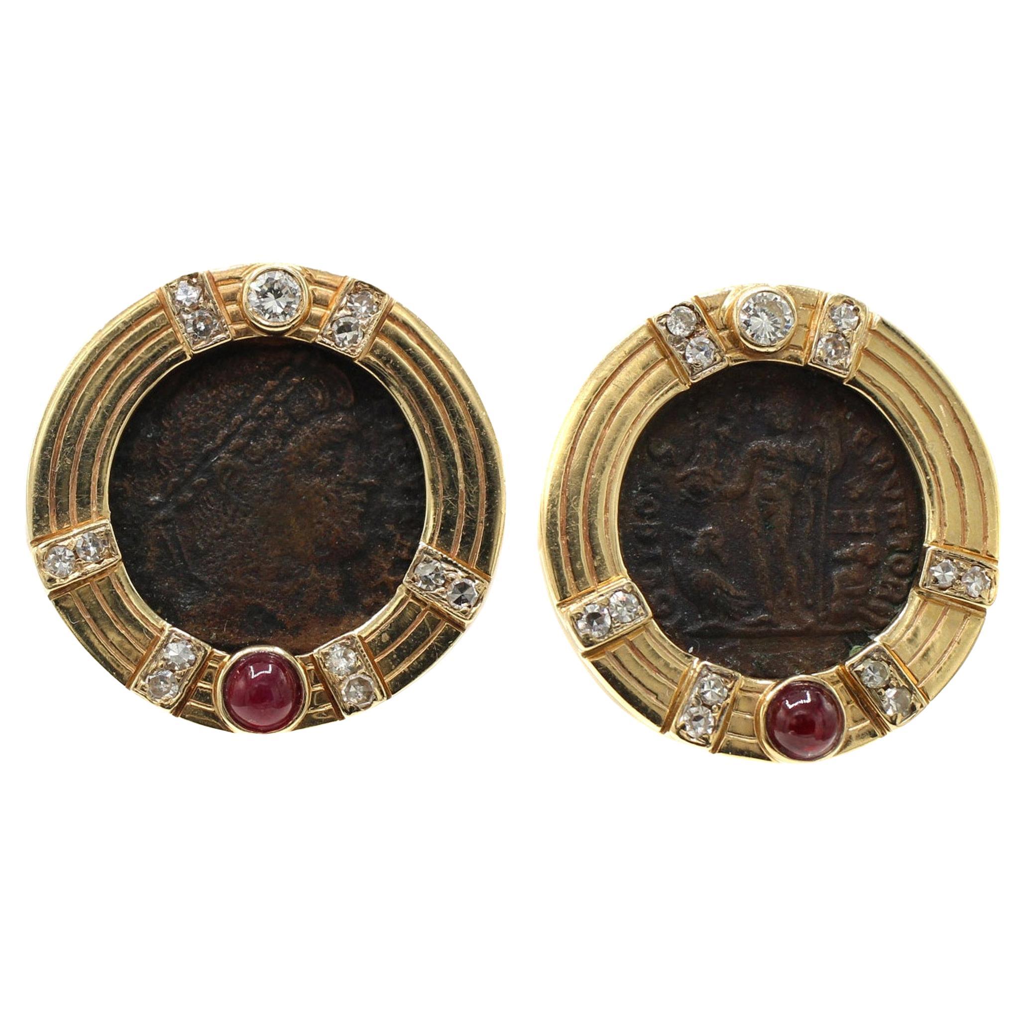 Diamante, rubino, moneta antica, fermagli per orecchie