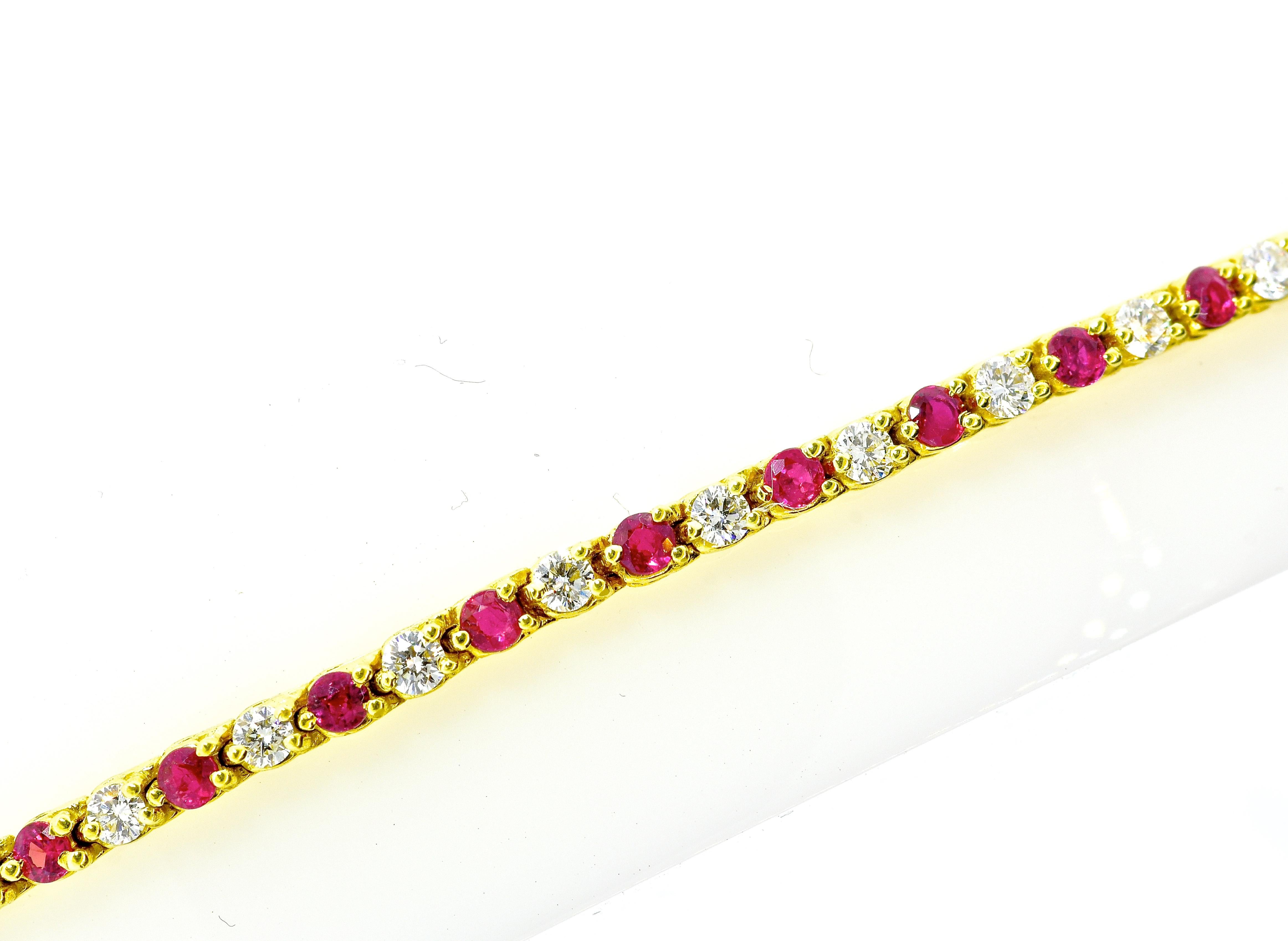 Ruby and diamond bracelet in 18K yellow gold.  There are 13 well matched and well cut round brilliant cut diamonds estimated to weigh .78 cts.  These diamonds are near colorless (H) and very slightly included (VS1).  Interspersed are 14 fine natural