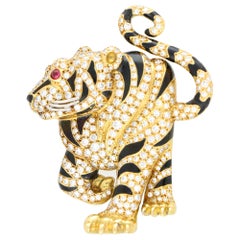 Diamond, Ruby and Black Enamel Tiger Pin Brooch Set in 18 Karat Yellow Gold