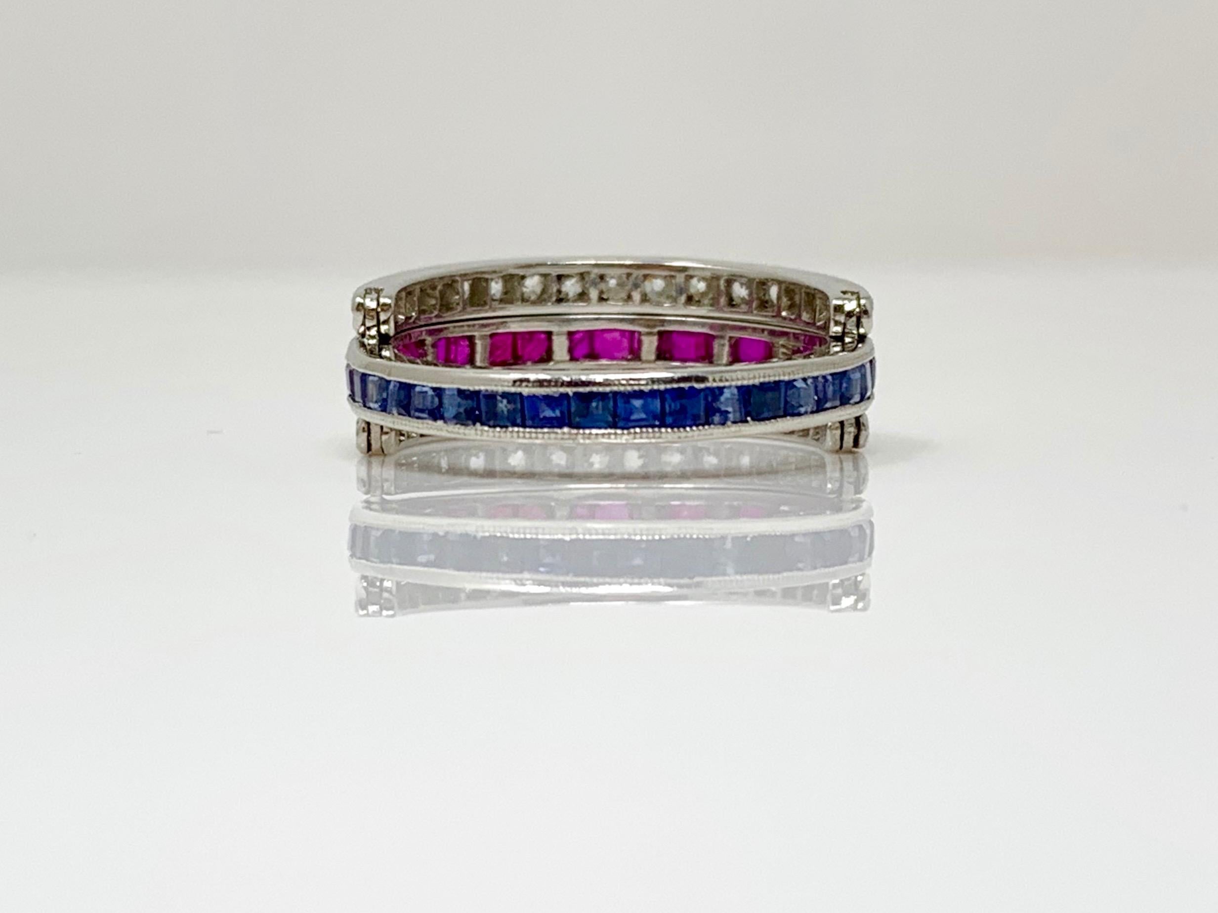 Contemporary Diamond, Ruby and Blue Sapphire Flip Flop Twin Ring in Platinum For Sale