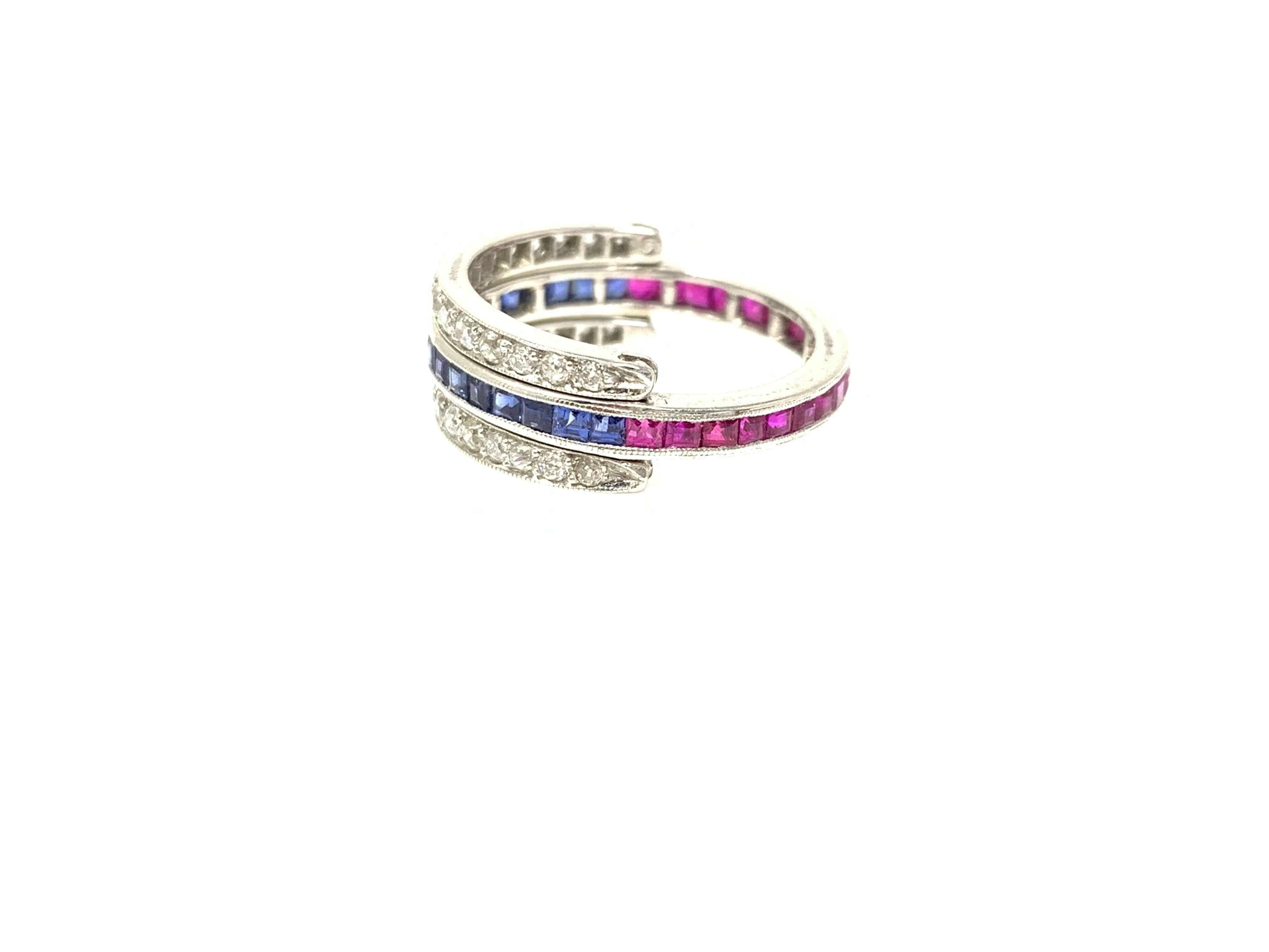 Diamond, Ruby and Blue Sapphire Flip Flop Twin Ring in Platinum For Sale 2