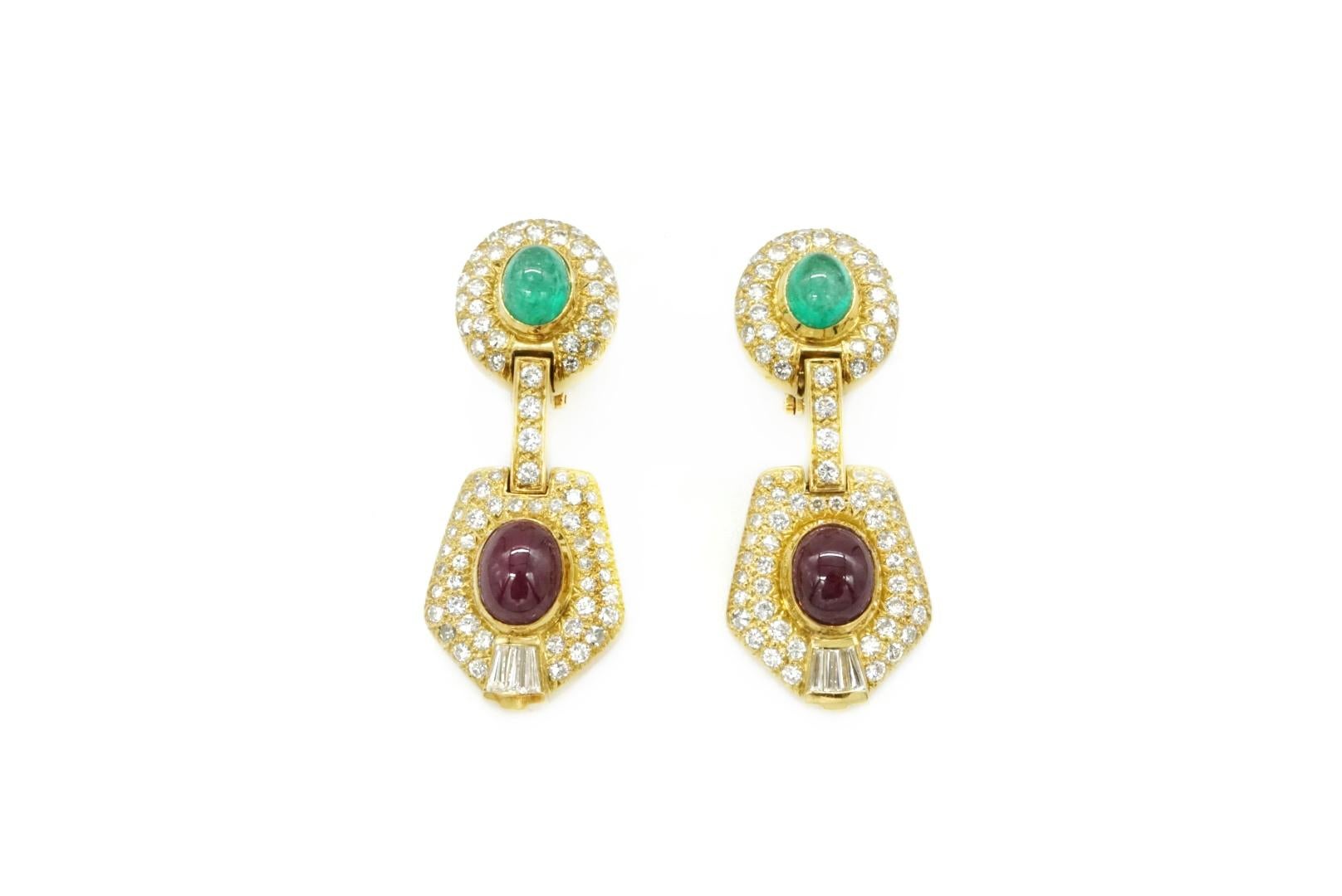 Women's Diamond Ruby and Emerald Ear-Pendants For Sale
