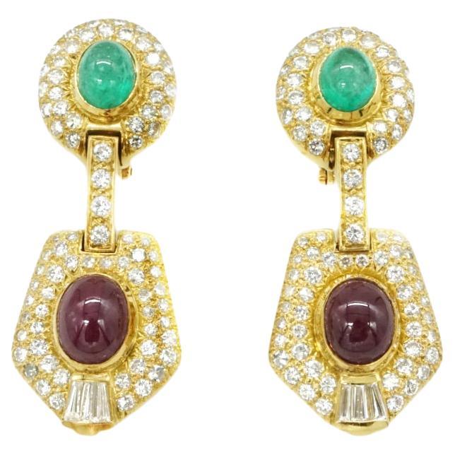Diamond Ruby and Emerald Ear-Pendants For Sale